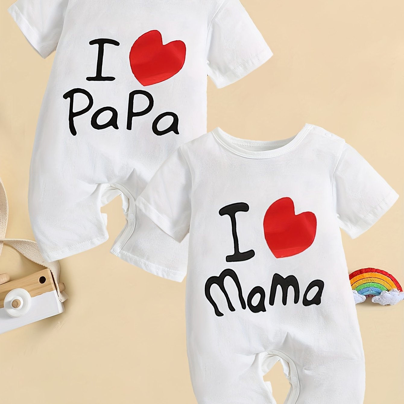 Image of 2pcs Baby Romper Set: White Short Sleeve "love Dad" + "love Mom" Bodysuit Newborn Onesie Outing Crawling Clothes, Perfect For Outdoor