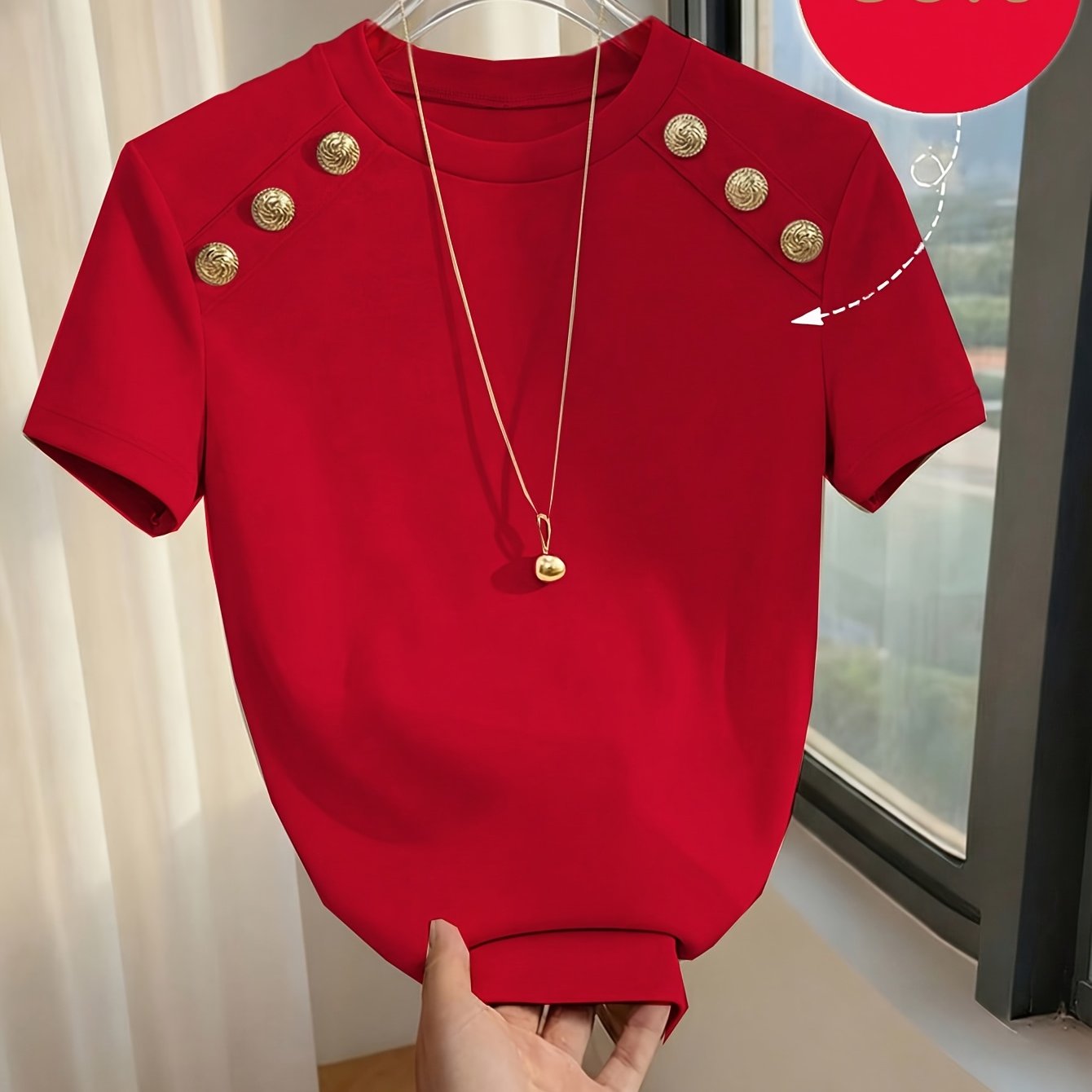 TEMU Women's Fashion Elegant Short Sleeve Round Neck Button-decorated Shirt