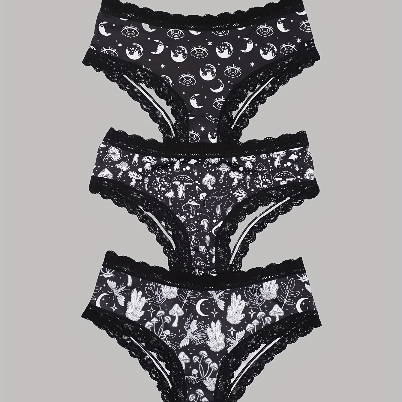Image of Set Of 3 Gothic-style Hipster Panties Featuring A Halloween-themed Print With Skulls And Jack-o'-lanterns, Perfect For Women's Lingerie Collection