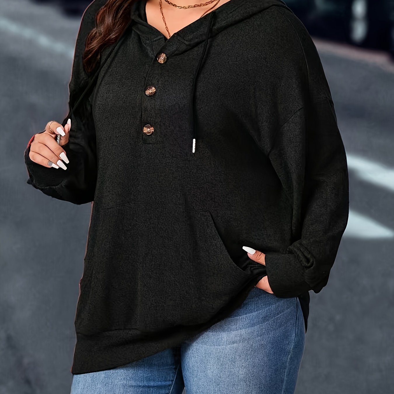 Image of Plus Size, European And American Elegant Style Solid Color Hooded Drawstring Long Sleeve T-shirt Plus Size Women's Clothing