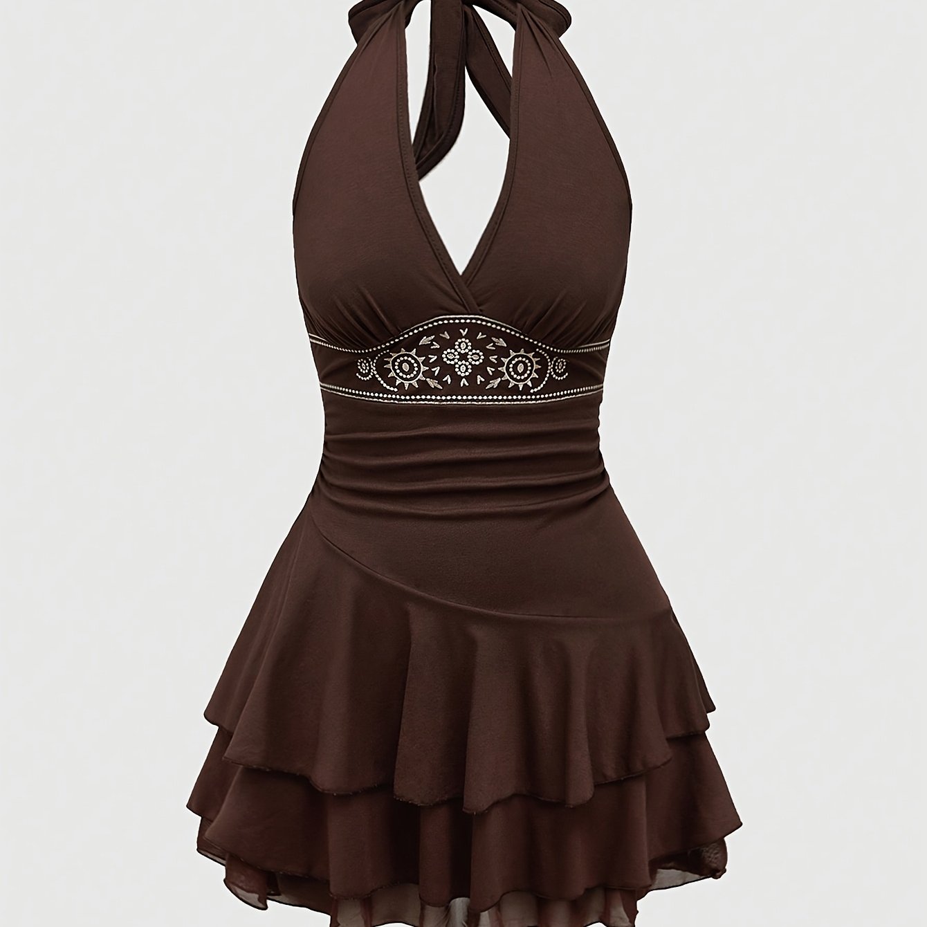 E-shop Damenmode Sonnentotem Besticktes Spaghettiträger Kleid mit gestuftem Saum