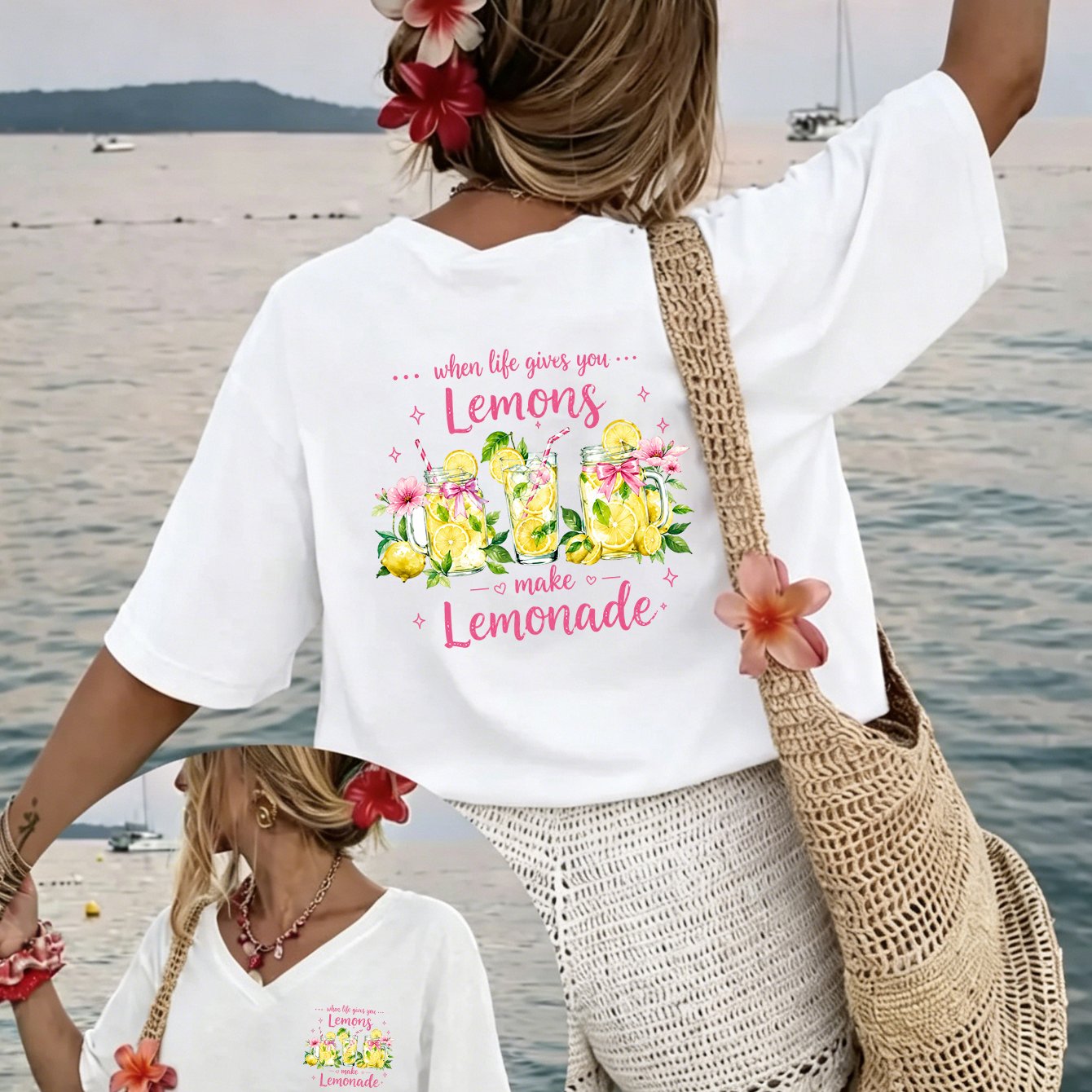 TEMU Plus Size 1xl-8xl Women's V-neck Batwing Sleeve Reversible Printed Lemon Motivational Slogan Floral Pattern Fashion Pullover Shirt Short Sleeve
