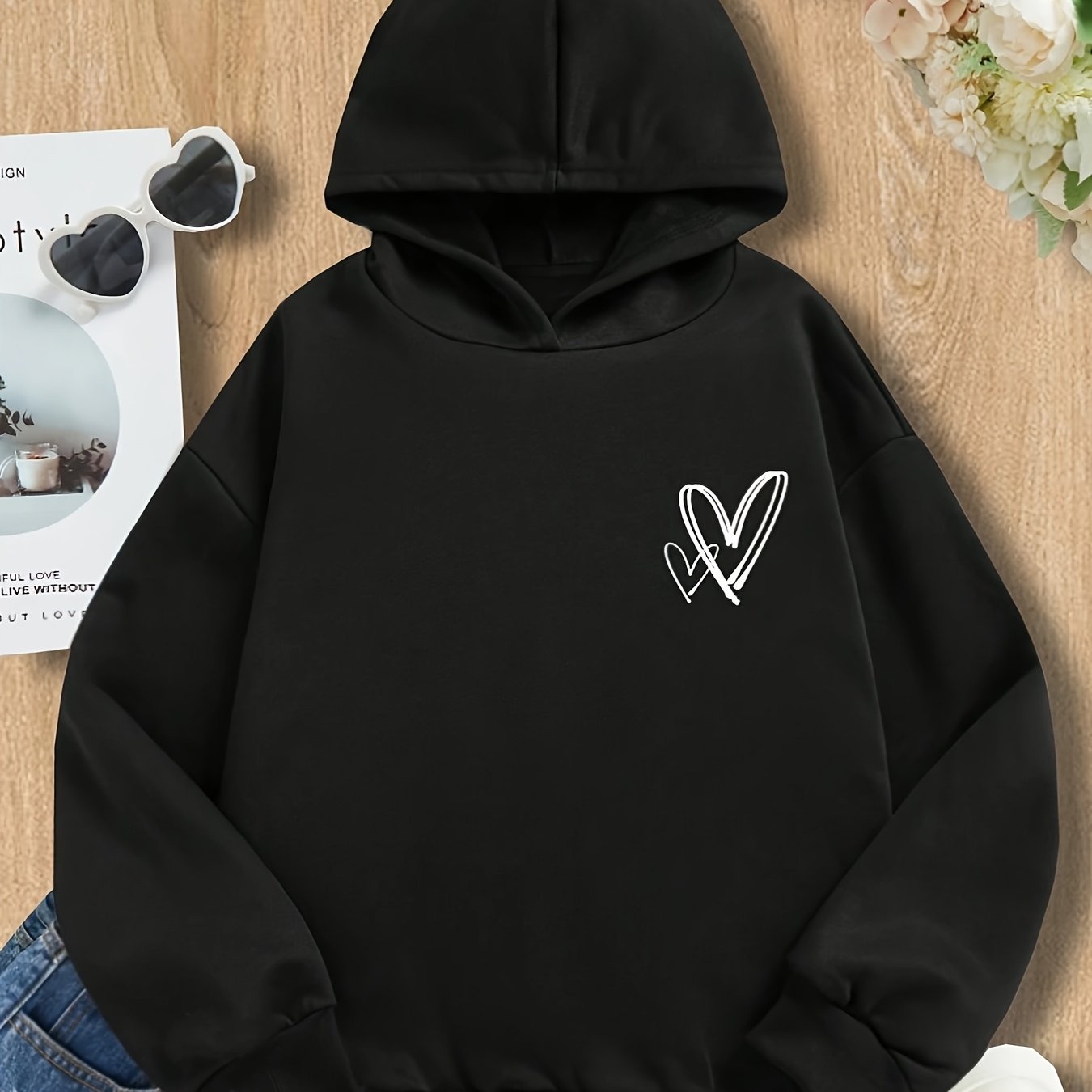 Image of Autumn Winter Girls' Fashion Retro Sweet Cool Cute Design Sense Easy Heart Graphic Print Hooded Drop Shoulder Long Sleeve Top Casual Leisure Outing Party Vacation Gift For Valentine's Day Present