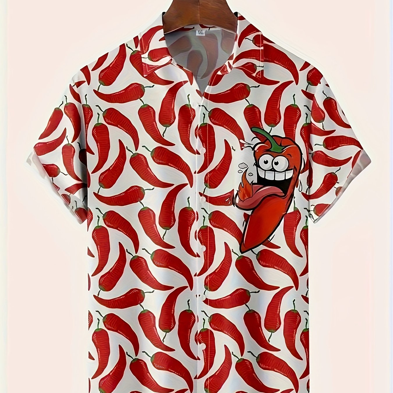 TEMU Camisa Casual de Manga Corta con Estampado de Chile para Hombre - Poliéster Transpirable, Cuello con Botones, para el Verano