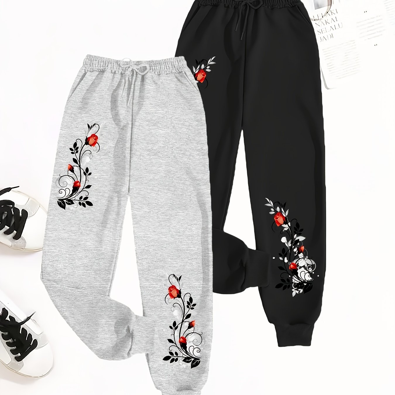 TEMU 2 pièces Pantalons Jogger Femme Décontractés - Imprimé Floral, Coupe à Cordon, Vêtements de Sport Printemps/Automne, Lavable en Machine