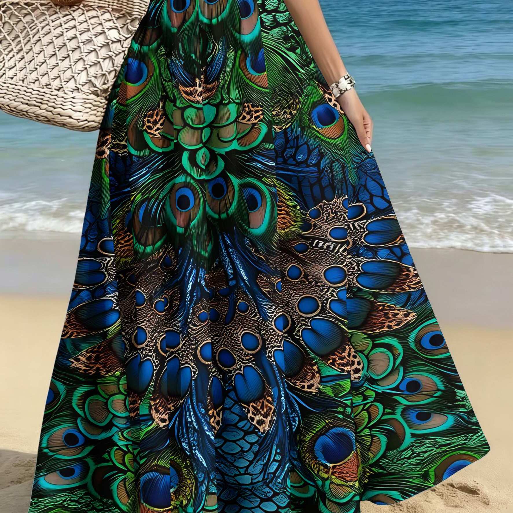 TEMU Plus Size Women's Elegant Fashion Skirt, Casual Printed Midi Skirt, Peacock Texture Pattern, Commute/casual/date/party/beach Women's Skirt,