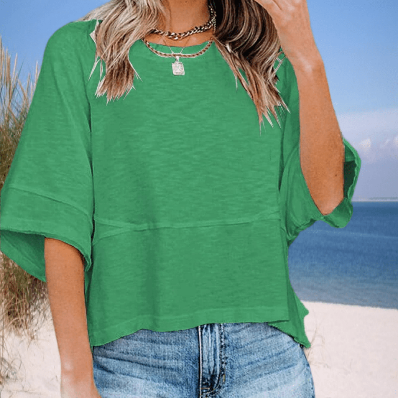 Image of Women's Summer Daily Casual Crewneck Batwing Half Sleeve T-shirts Solid Color Loose Fit Flowy Tops Tees Blouses