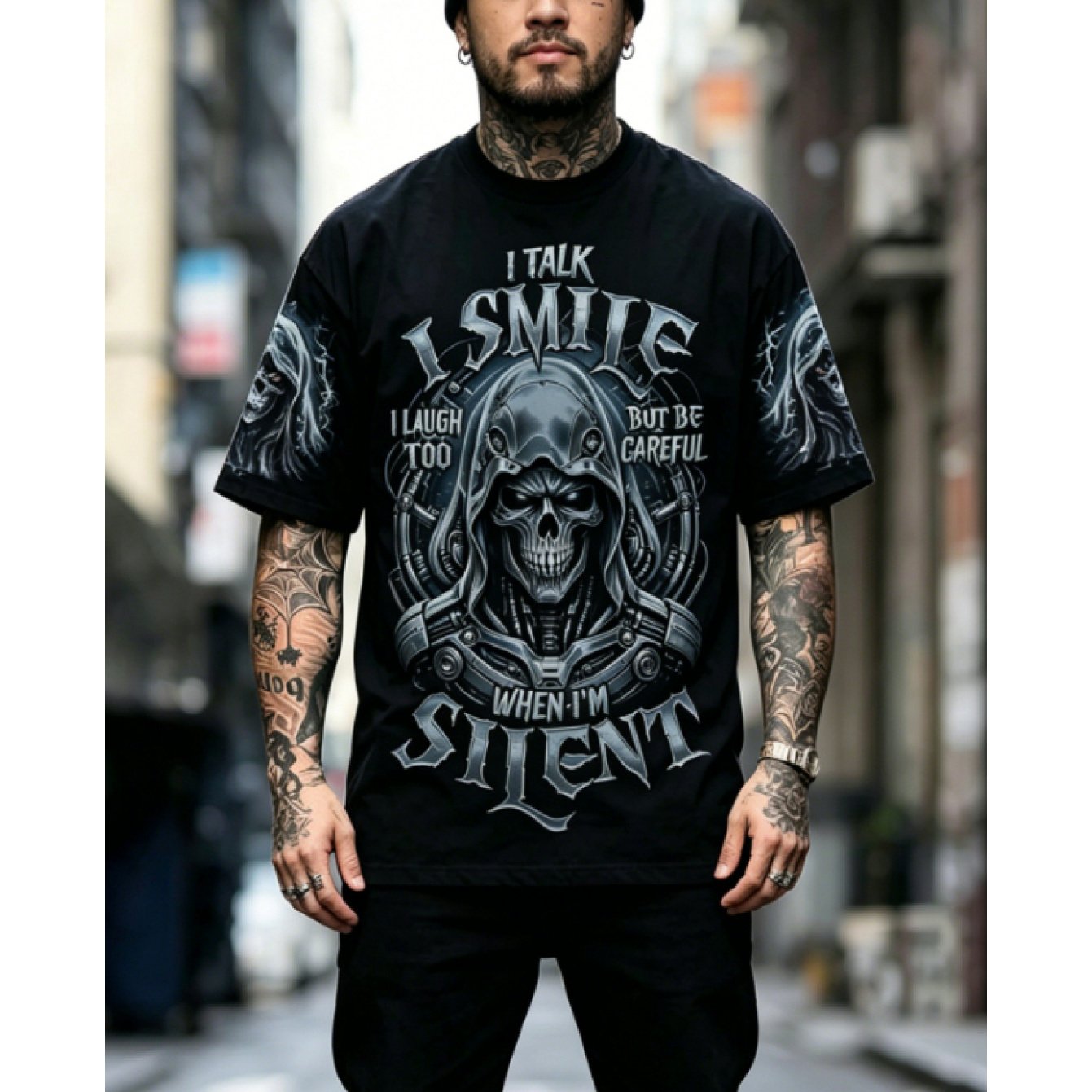 TEMU [printed Design - Not Textured] Men's Cyber Reaper Skull Full-back Print Short-sleeve T-shirt, Hardcore Dark Style Casual Top, A Fashionable And