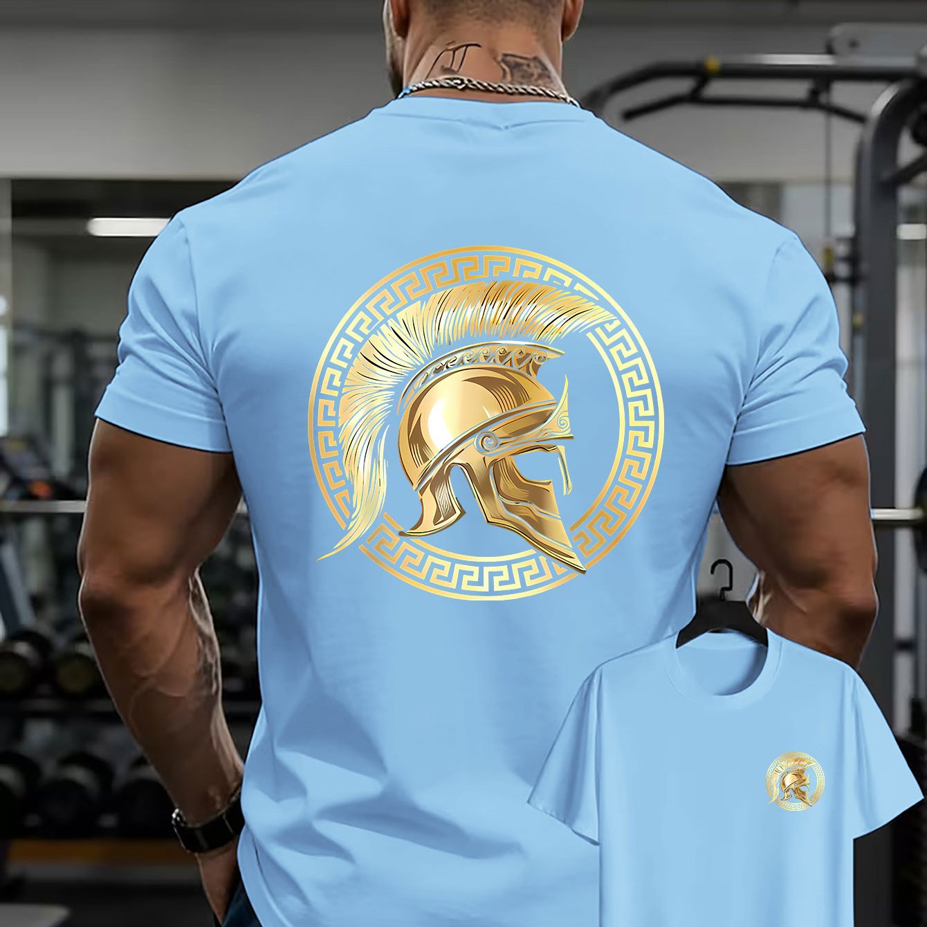 TEMU Men's Casual T-shirt Featuring Double-sided Prints On The Front And Back, Comfortable And Breathable, With A Vintage Of A Golden Spartan Helmet