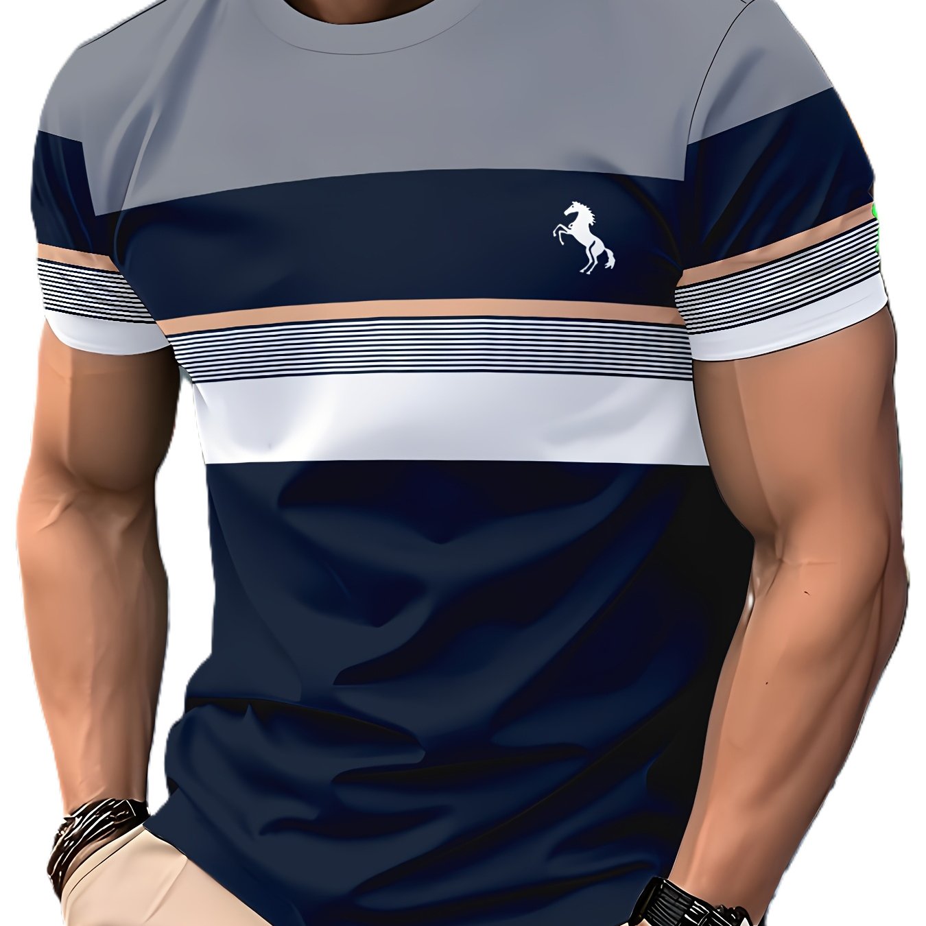 TEMU Men's Color Block Striped T-shirt Logo, & White Short Sleeve Casual Tee Printed Design â Not Textured
