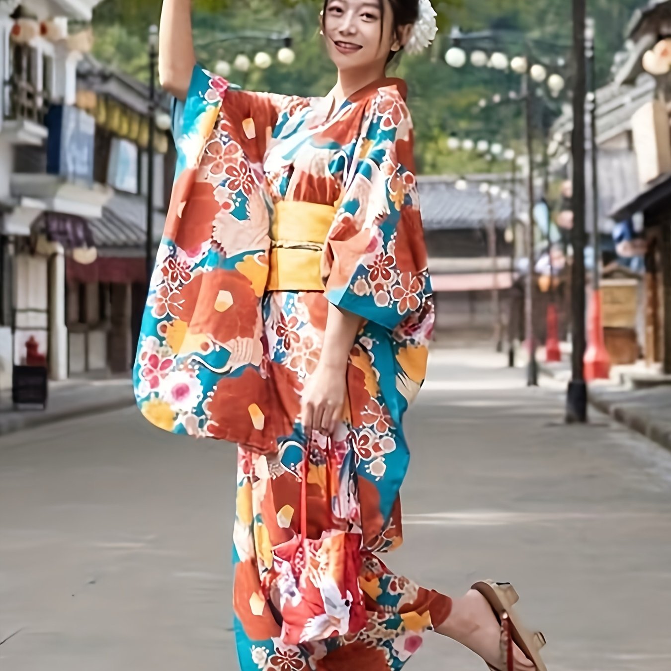 TEMU 【商品名】日本風レトロスタイル着物ゆかた、精巧な手描き巻き枝模様と楓の葉の肖像画入りロングドレス（女性用）、伝統的な日本の芸者着物、花柄ルローブ