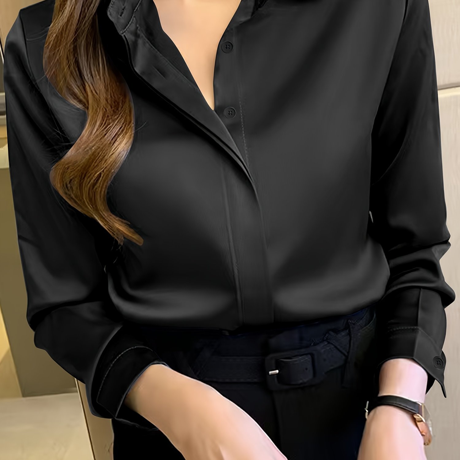 TEMU Elegant Navy Blue Long Sleeve Blouse For Women - Professional Workwear, Semi-sheer, Button Detail, Perfect For Spring/fall