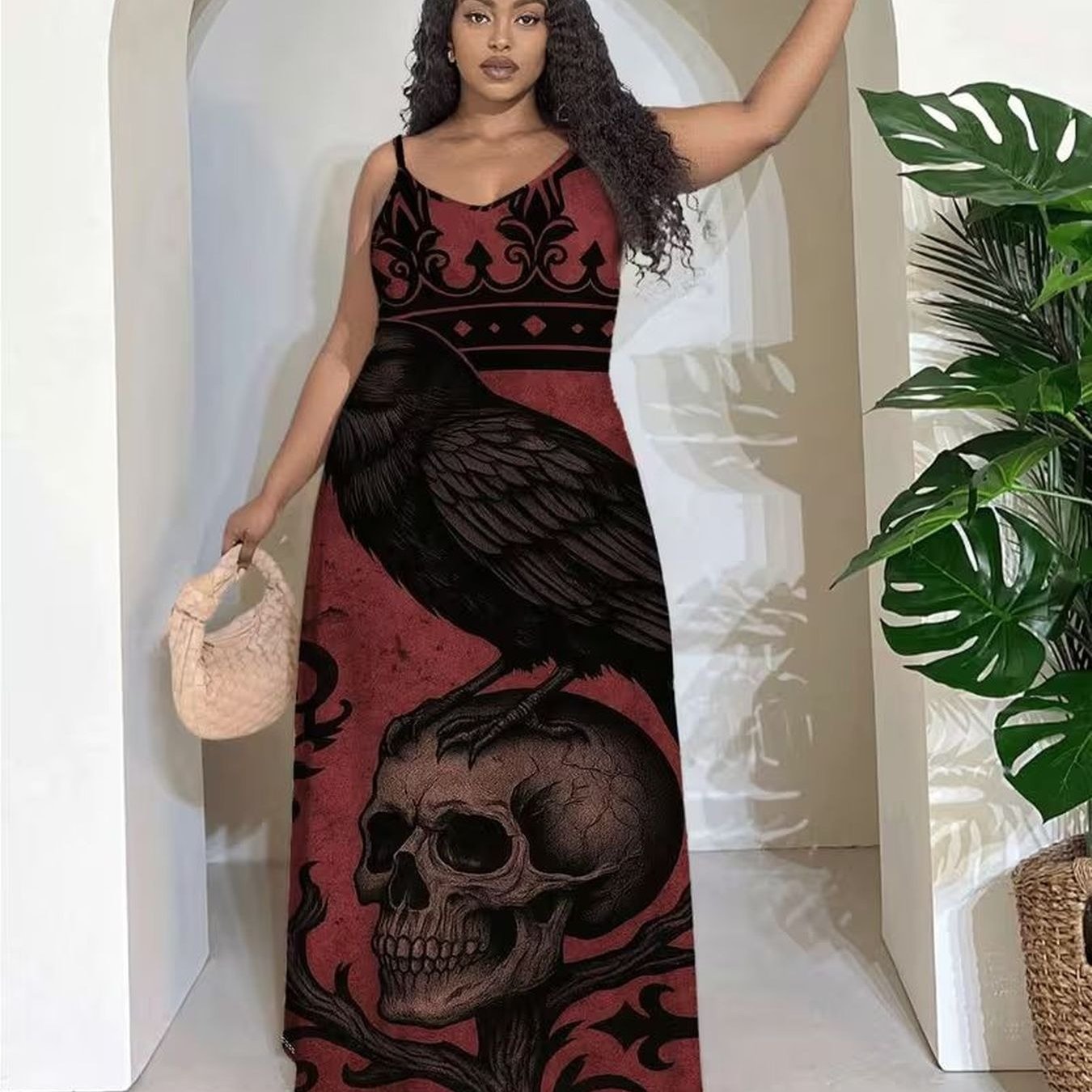 Plus Size - Plus-size Gothic Women's Dress With Vintage Baroque Cross And Skull Crown, Made From Slightly Stretchy Fabric