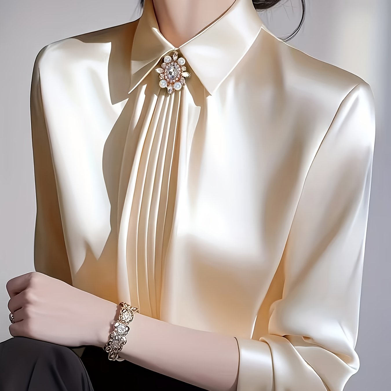 TEMU Chemise Élégante pour Femme - Col à Bordure -Plis, Tissu Non Transparent, Idéale pour , les Fêtes et les Occasions Formelles - Tenue de