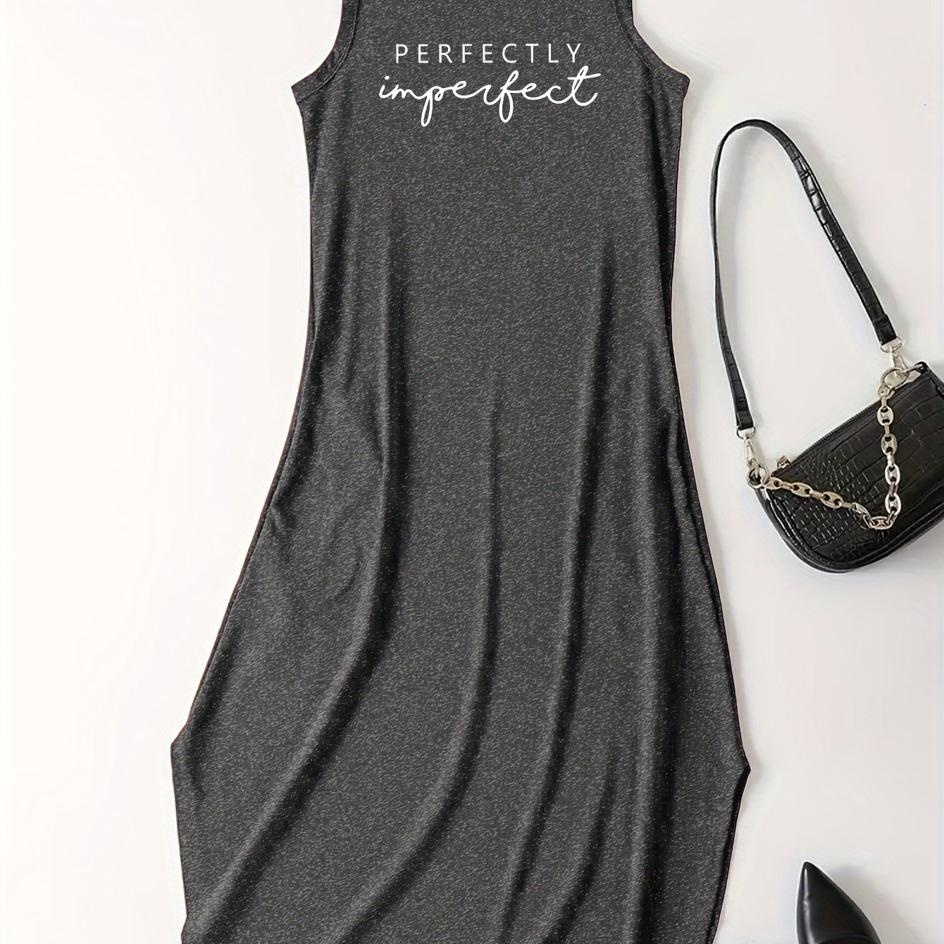 TEMU Letter Print Dress, Casual Crew Neck Sleeveless Maxi Dress, Women's Clothing