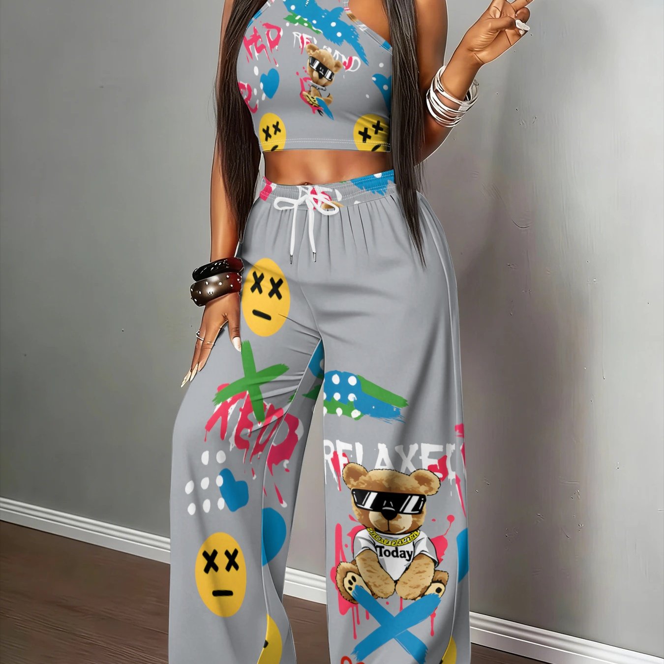 TEMU Women' Size Y2k Sweet Fashion Glasses Bear Graffiti Print Halter Top& Wide-leg Pants 2pcs Set, Loose& Slim-fit With Large Side Pockets, Casual