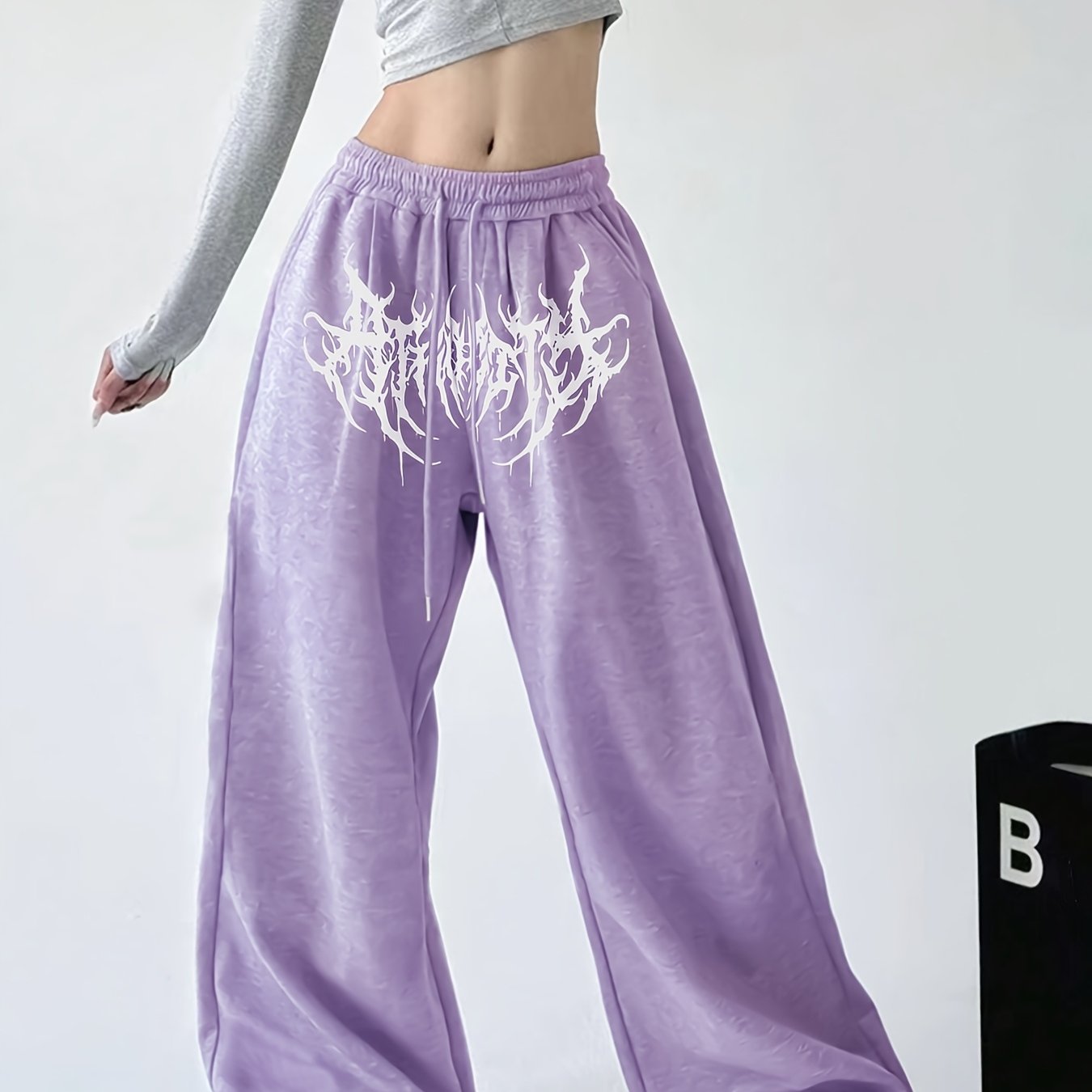 TEMU Hip-hop Pattern Printed Loose Straight Jeans, Fashionable Versatile Casual Trousers, Drawstring Elastic Waist Women's Wide Leg Pants