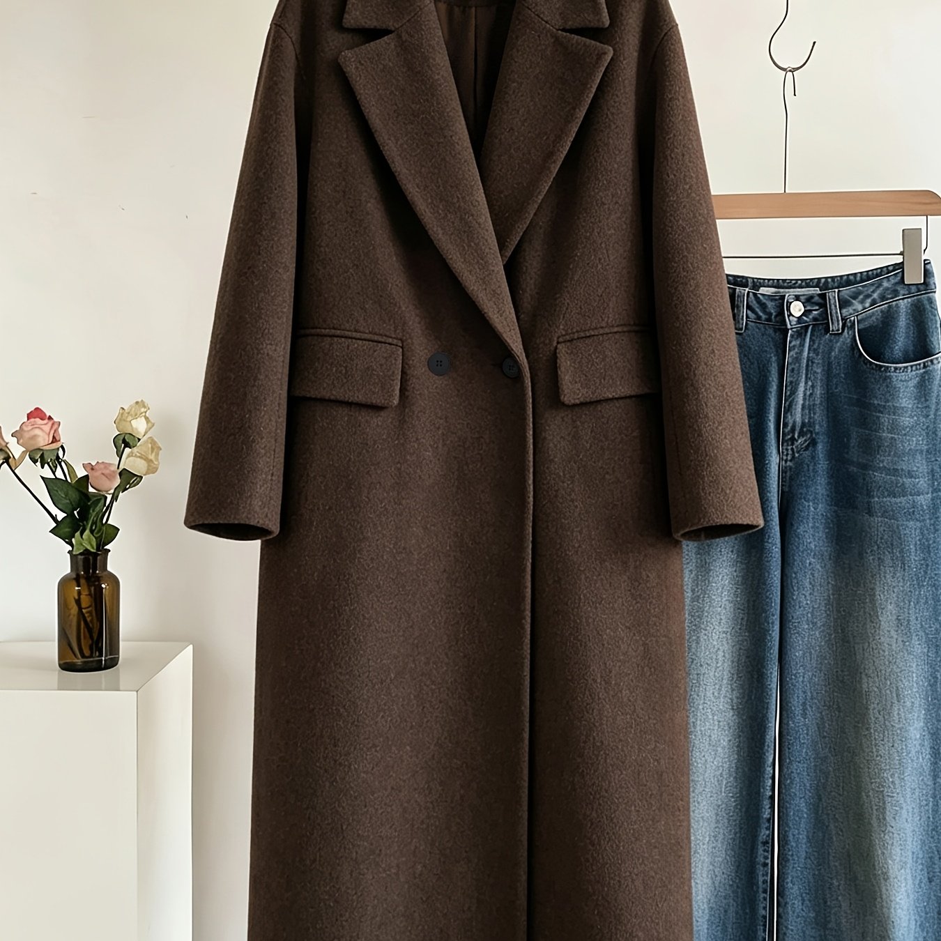 TEMU Elegant Special Women' Color Lapel Long Sleeve Mid-length Coat, Suitable For Office , Daily Outing, Best , Afternoon Tea, Travel Outing, And