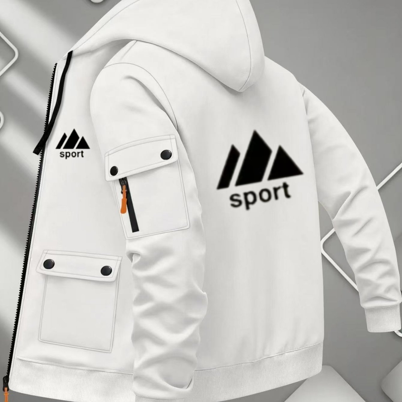 TEMU Men's Outdoor Techwear Triangle Sport Letter Print Hooded Cargo Jacket Multi-pocket Versatile Sweatshirt