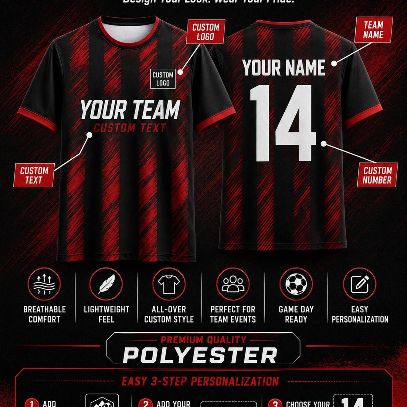 TEMU Free Custom Name And Number | Personalized Soccer Jersey, Round Neck Full Print T-shirt, Red Black Diagonal , Soft And Comfortable, Customizable