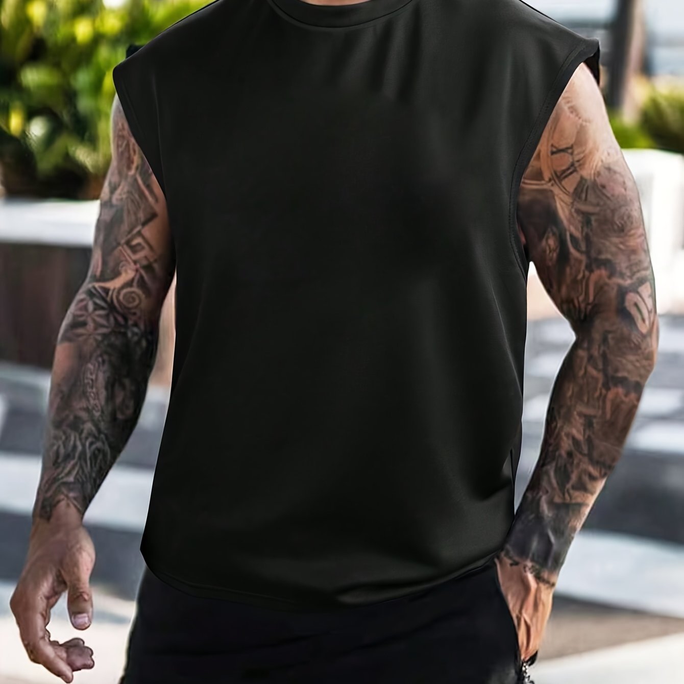 TEMU Men's Casual Sleeveless Summer Shirt With Neck, Made From Knit Fabric In Solid Black, Featuring A Loose Fit And Slight Stretch