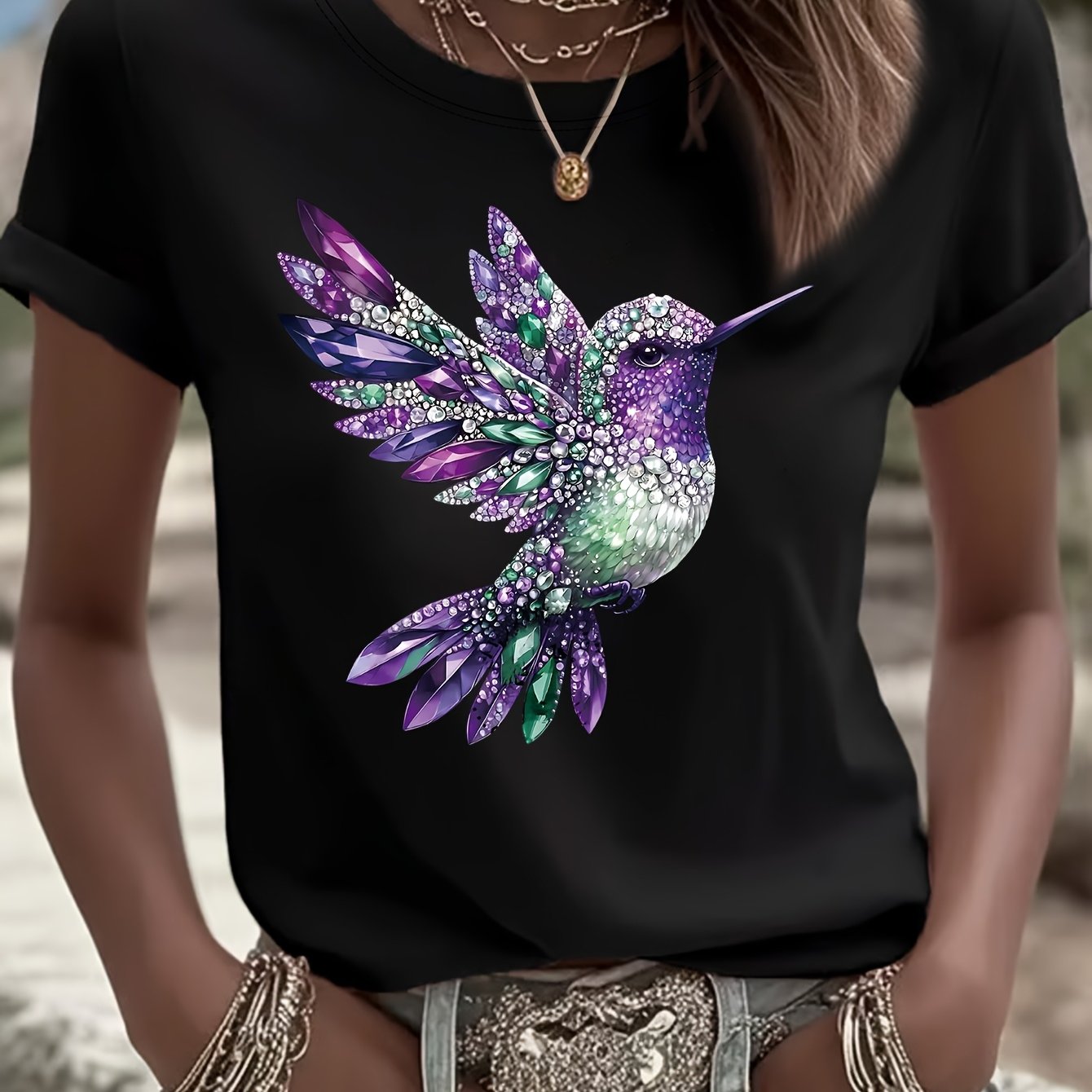 Image of Women's Diamond T-shirt - Lightweight Breathable Short Sleeve Round Neck Blouse Suitable For Birthdays, Gifts, Spring Summer Casual Wear, Machine Washable Suitable For Daughters, Sisters, Mothers