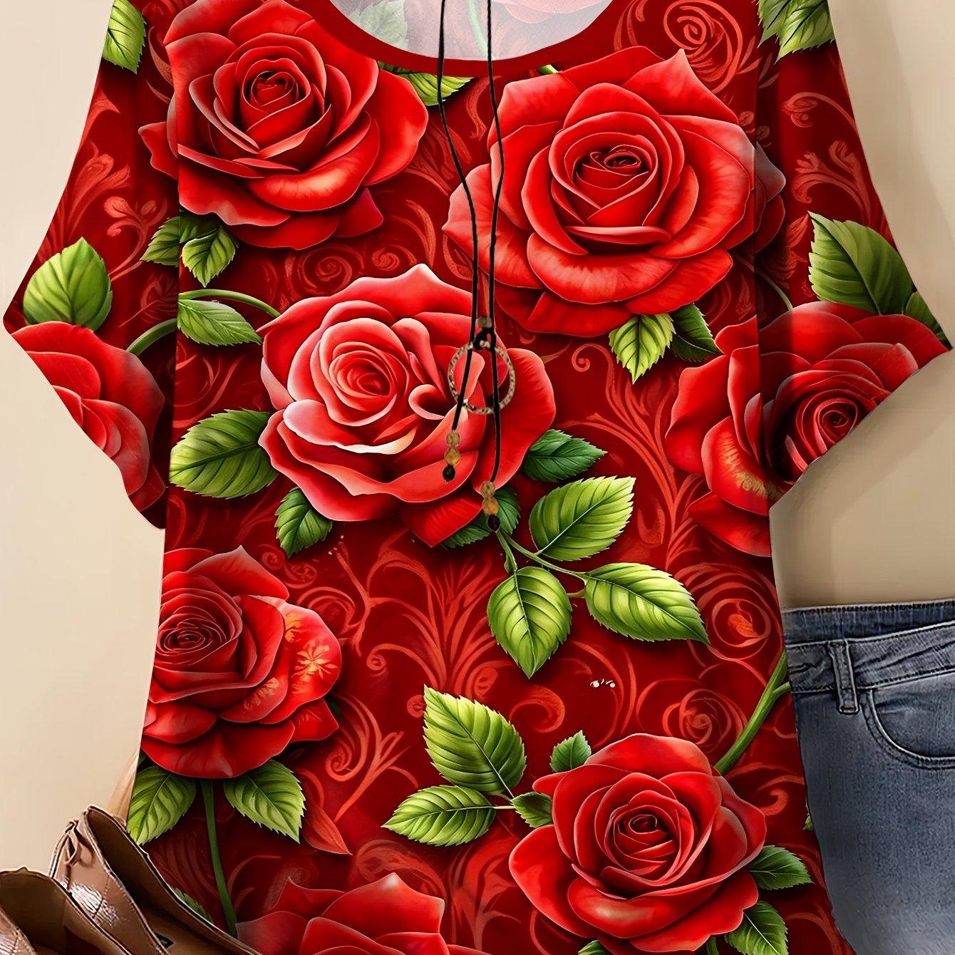 TEMU Plus Size Women's T-shirt, Vibrant Red Rose Flowers, Pattern T-shirt Print, Round Neck Short Sleeve Summer Top, Casual Outdoor Wear, Casual
