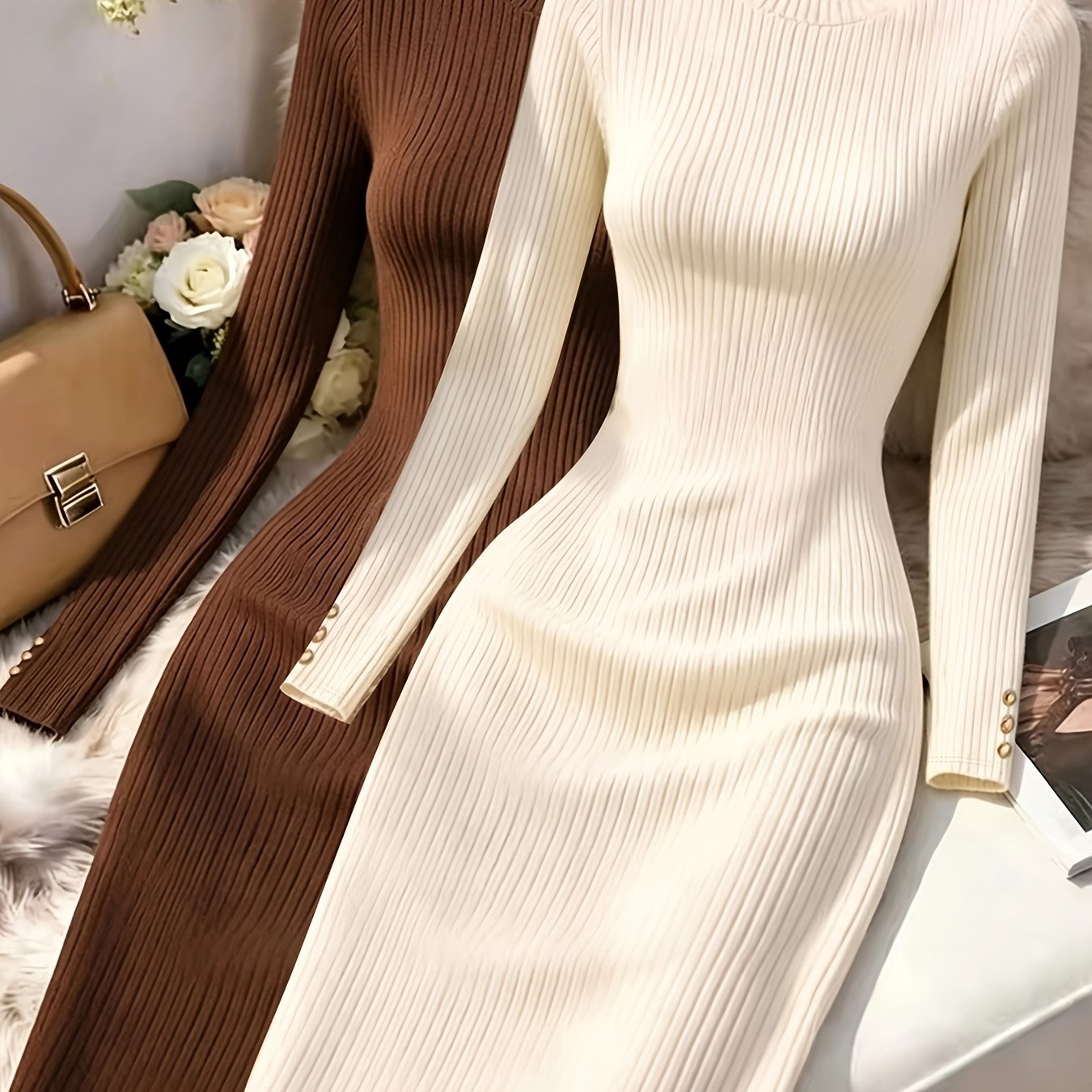 TEMU Damenkleid, 2-teilig, gerippt, langärmelig, elegantes schmal geschnittenes Design mit Zierknopf-Detail, ZLLZ