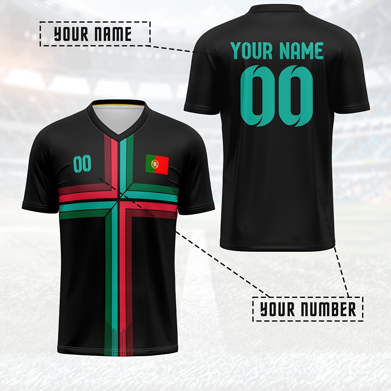 TEMU Maillot de football Portugal personnalisé - T-shirt d'entraînement et de match respirant à col en V, nom et numéro personnalisés, cadeau de