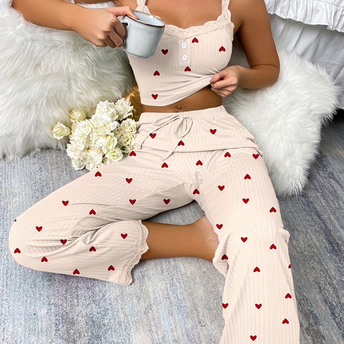 Women's Pajamas, Feminine Cami Lace Heart Print Special Fabric Elegant Wear Set