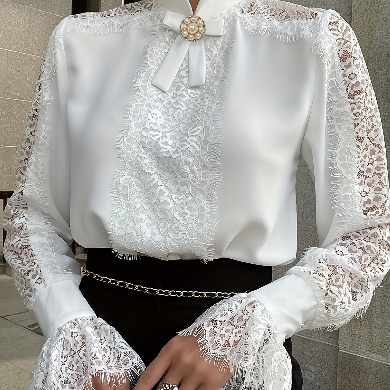 Elegant Vintage V-neck Design Lace-trimmed Hollow-out Flared Sleeve Comfortable Button-up Shirt