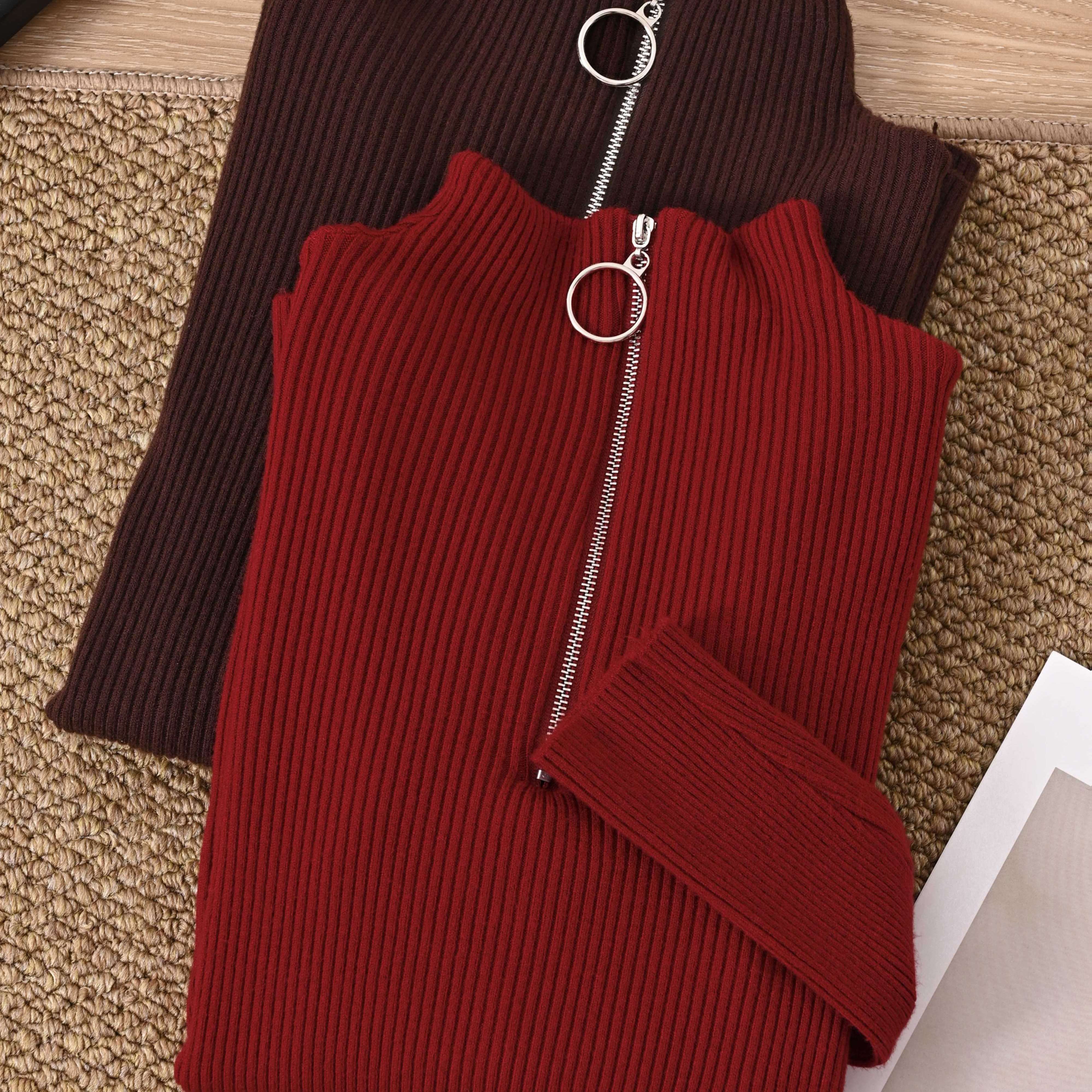 TEMU 2pcs Set, Fashionable High Neck Zipper Base Shirt, Fashionable Slim Fit And Top For Women, Inner Wear, Temperament, Autumn And Winter Sweater,