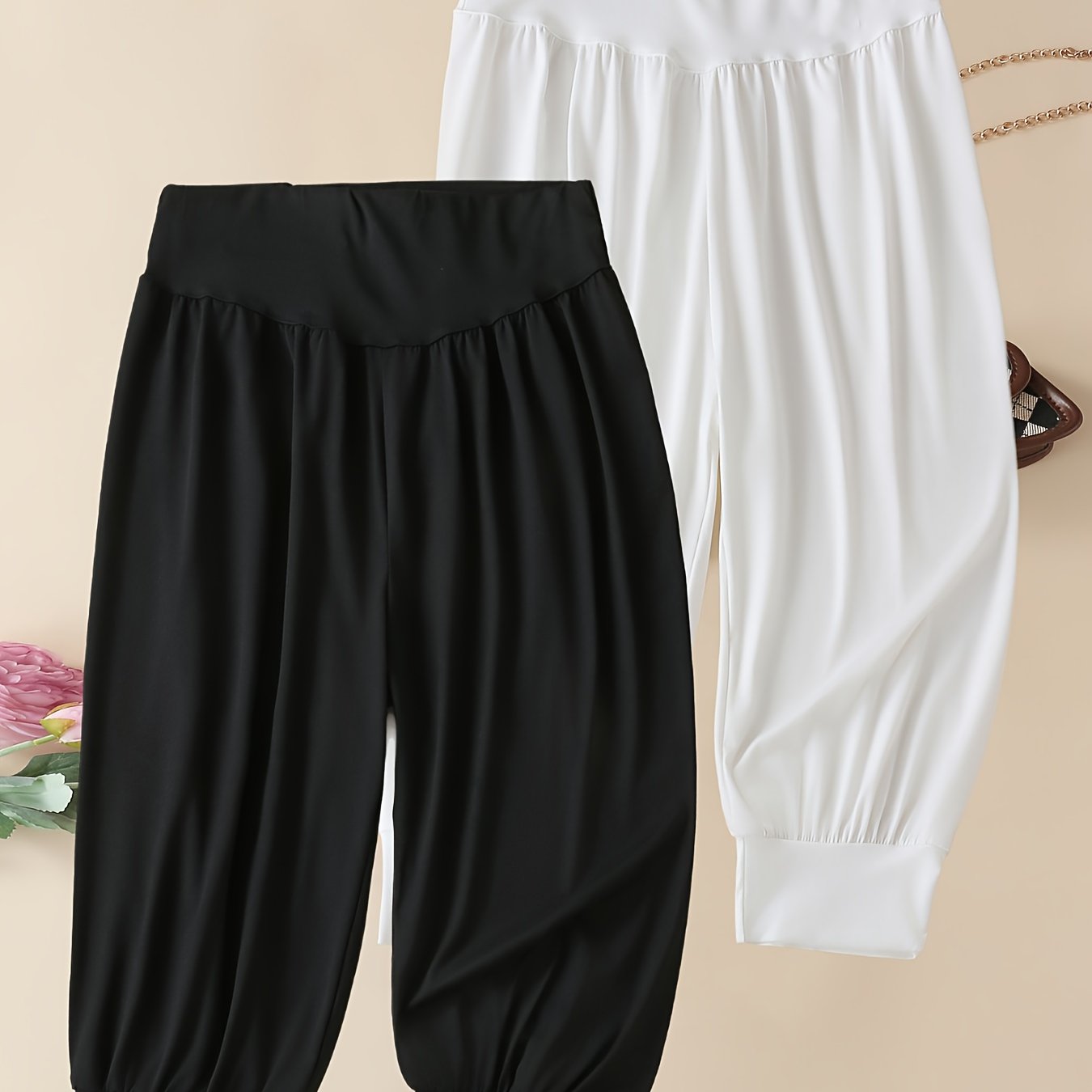 E-shop 2er-Pack Damen 7/8 Haremhosen - Lässige sportliche Stretch-Polyesterhose, geraffte Taille, bequeme Passform, geeignet für Freizeitkleidung,
