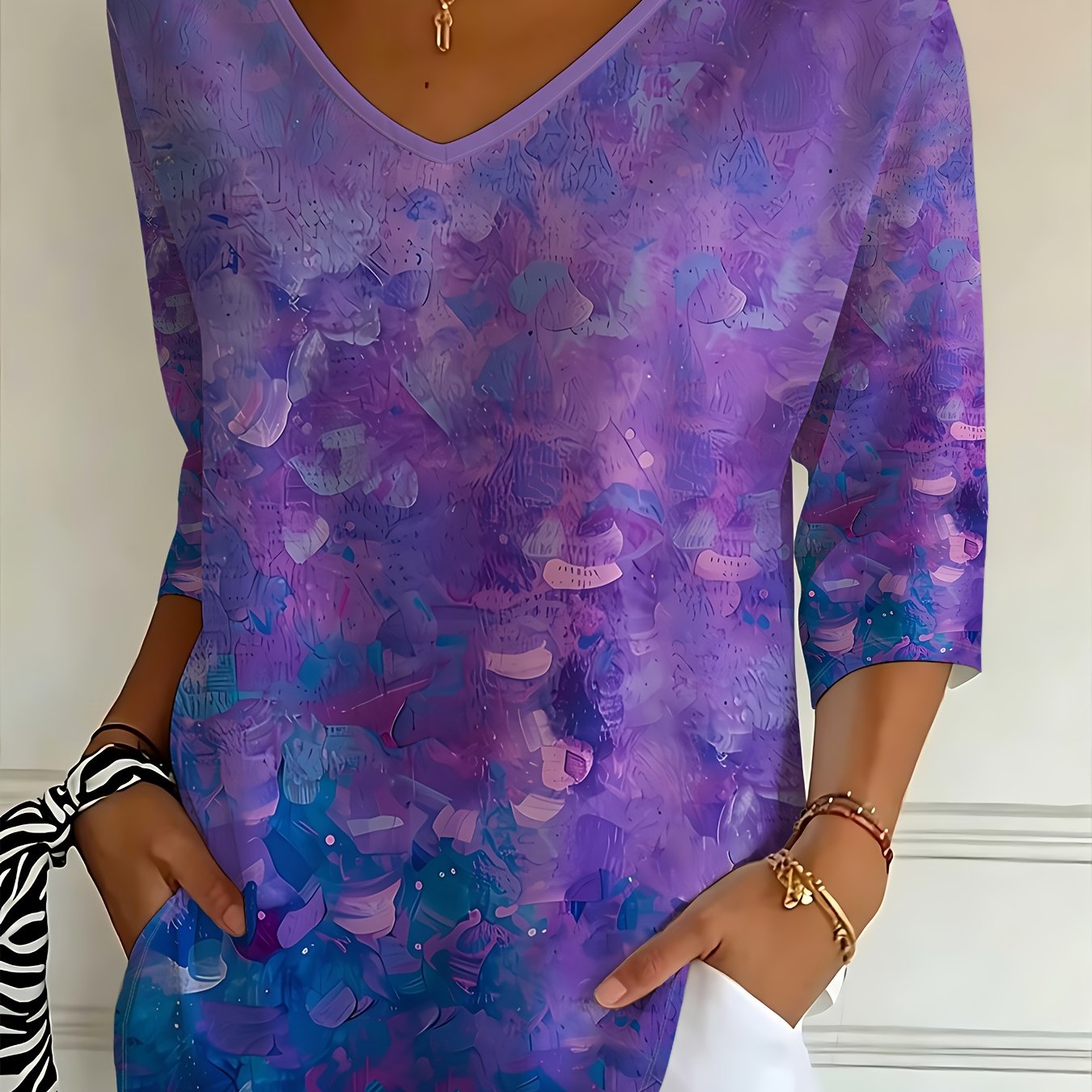 TEMU Purple Ombre V-neck Three-quarter Sleeve Top, Women's Loose Fashion Printed T-shirt, Summer Casual All-match Style