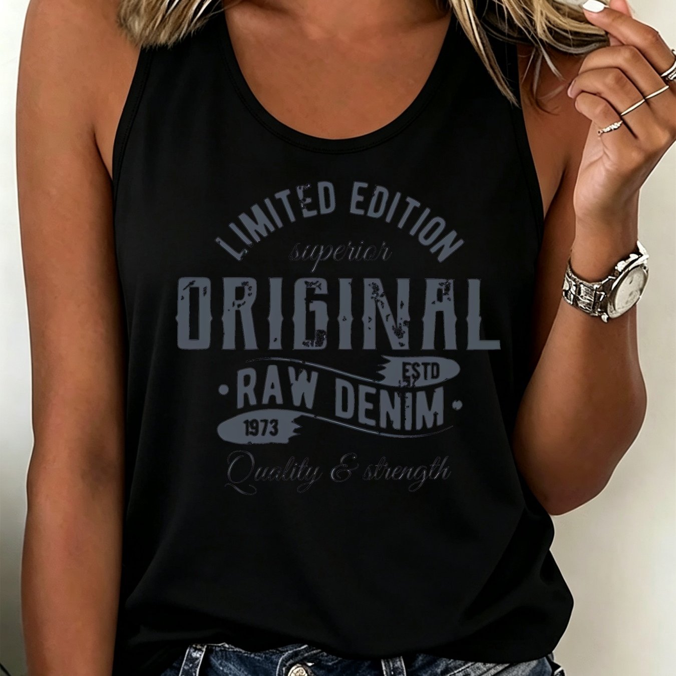 TEMU Edition Vintage Distressed Letter Print Tank Top, Worn Text Sleeveless Top