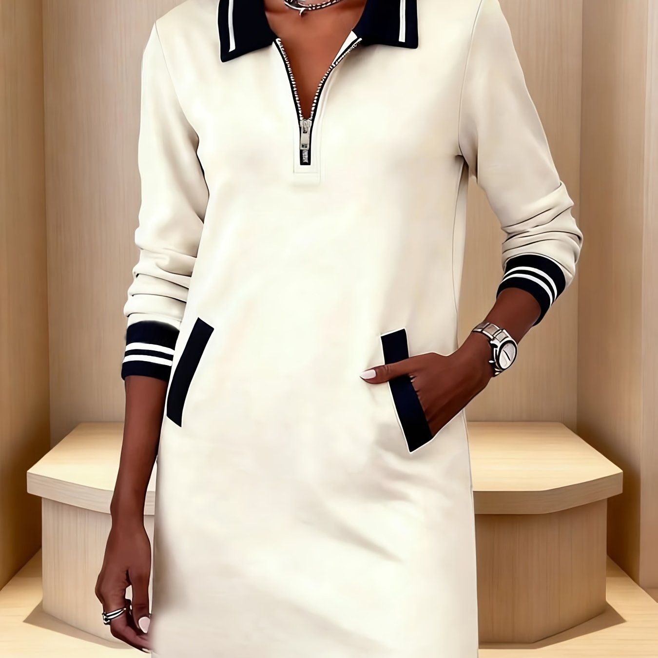 TEMU Early Autumn Preppy Contrast Trim Neck Dress, Temperament Age-reducing Long Sleeve Straight Lazy Sweatshirt Dress