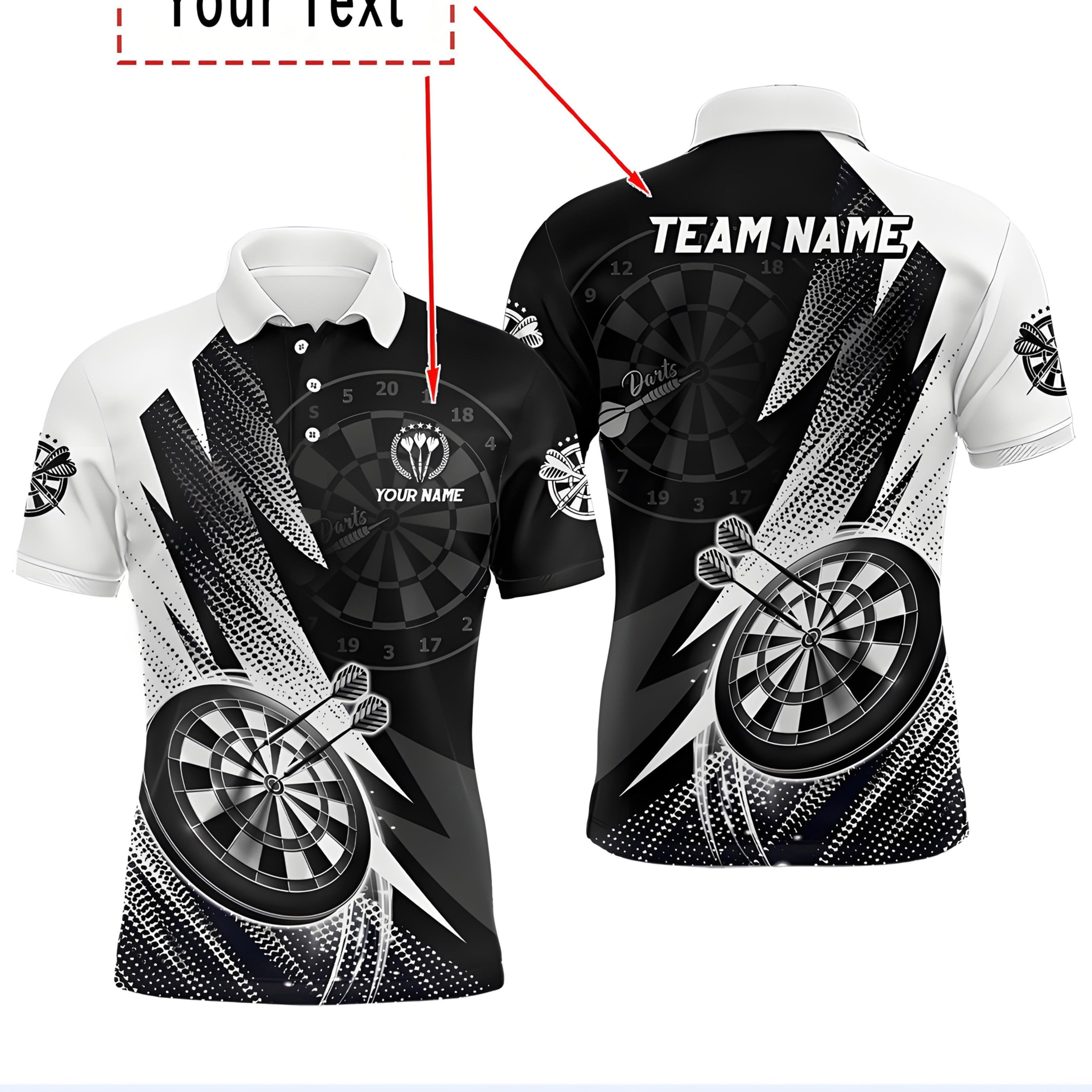 TEMU Custom Men's Darts Club Shirt â Supports Personalized Name Printing, Black And White Darts , Breathable Fabric, Suitable For Darts Club