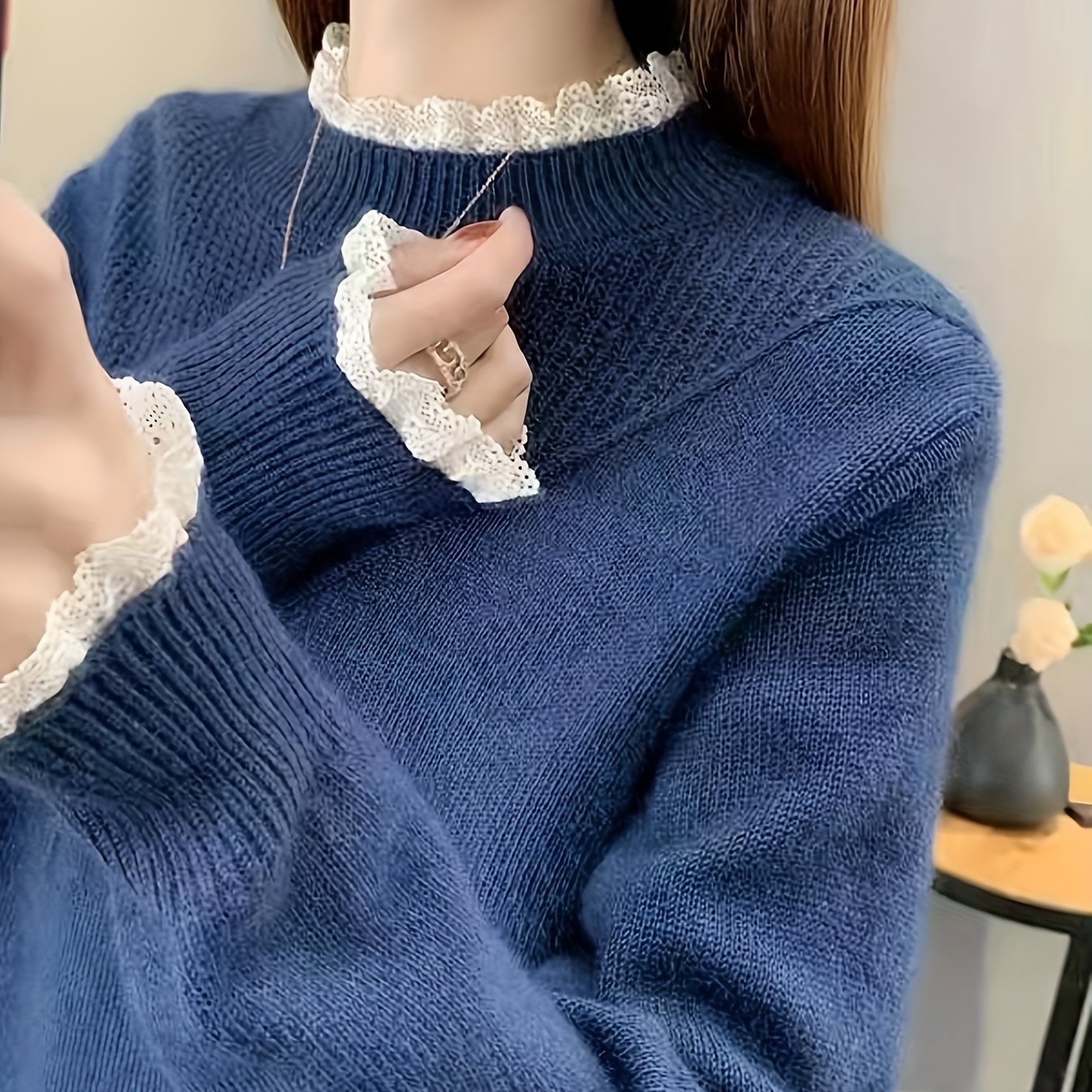 TEMU 【秋冬向け】レースベースシャツ、快適なレディースセーター、おしゃれで着回し力抜群、長袖プルオーバー、モックネックのセーター、レディース