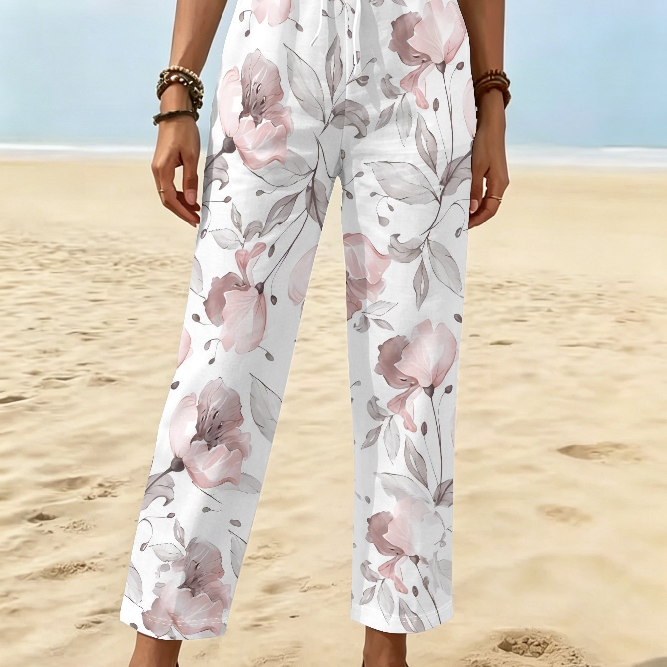 TEMU Women's Casual Trousers, Light Pink Floral With Gray Leaves, Fresh Elegant Seamless Pattern, With Drawstring