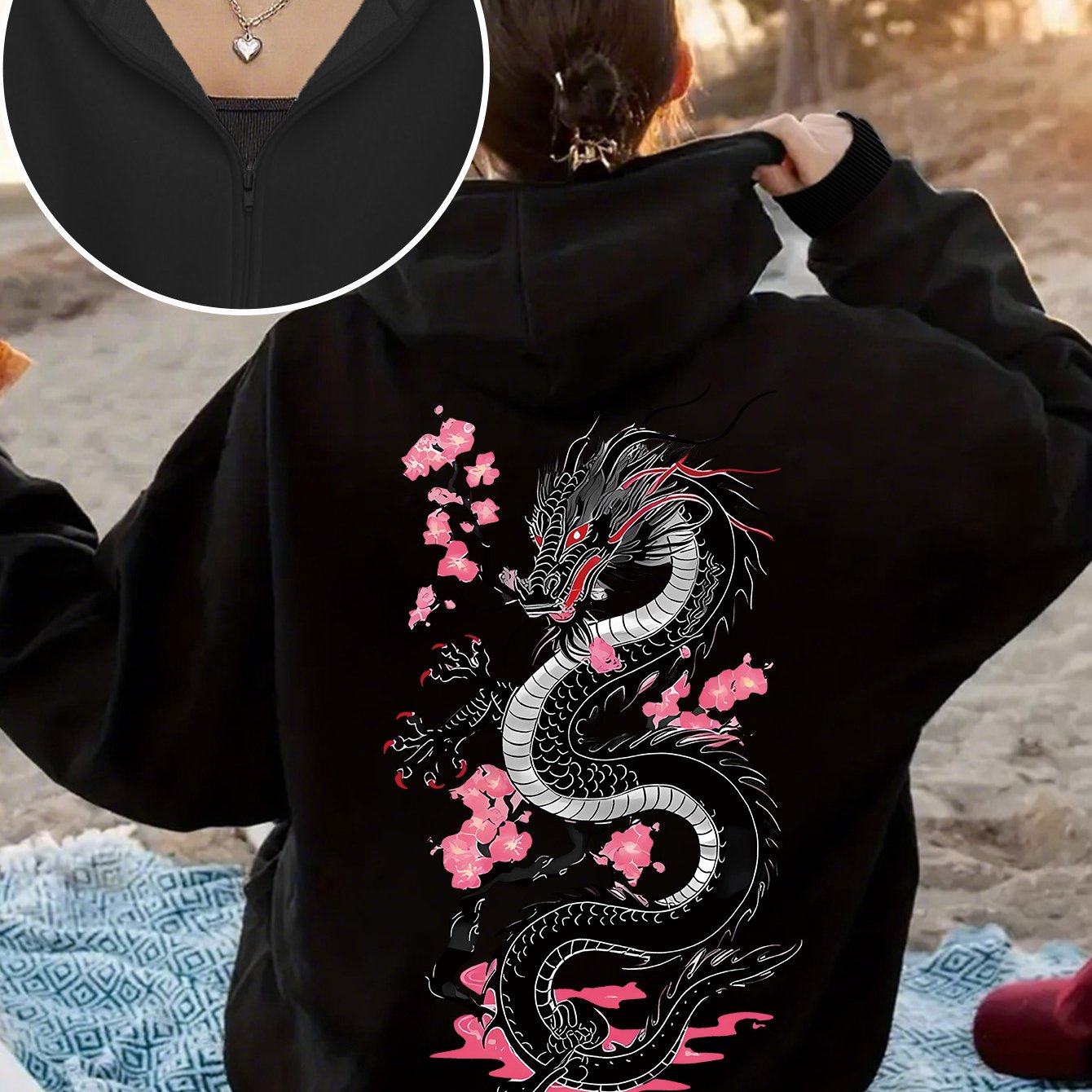 TEMU Niche Design! Dragon And Peach Zipper Hooded Sweatshirt, Women's Autumn And Zippered Jacket, Easy Yet Versatile