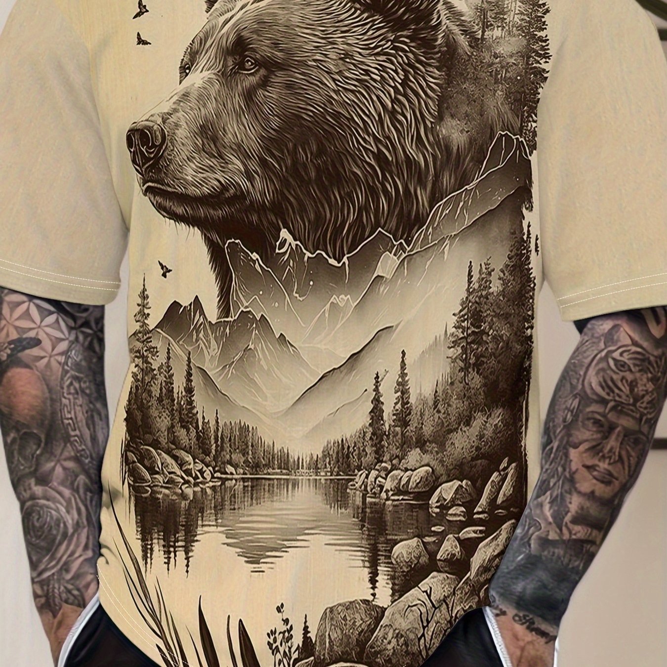 TEMU Men's Landscape Print Short Sleeve-shirt, Plus Size