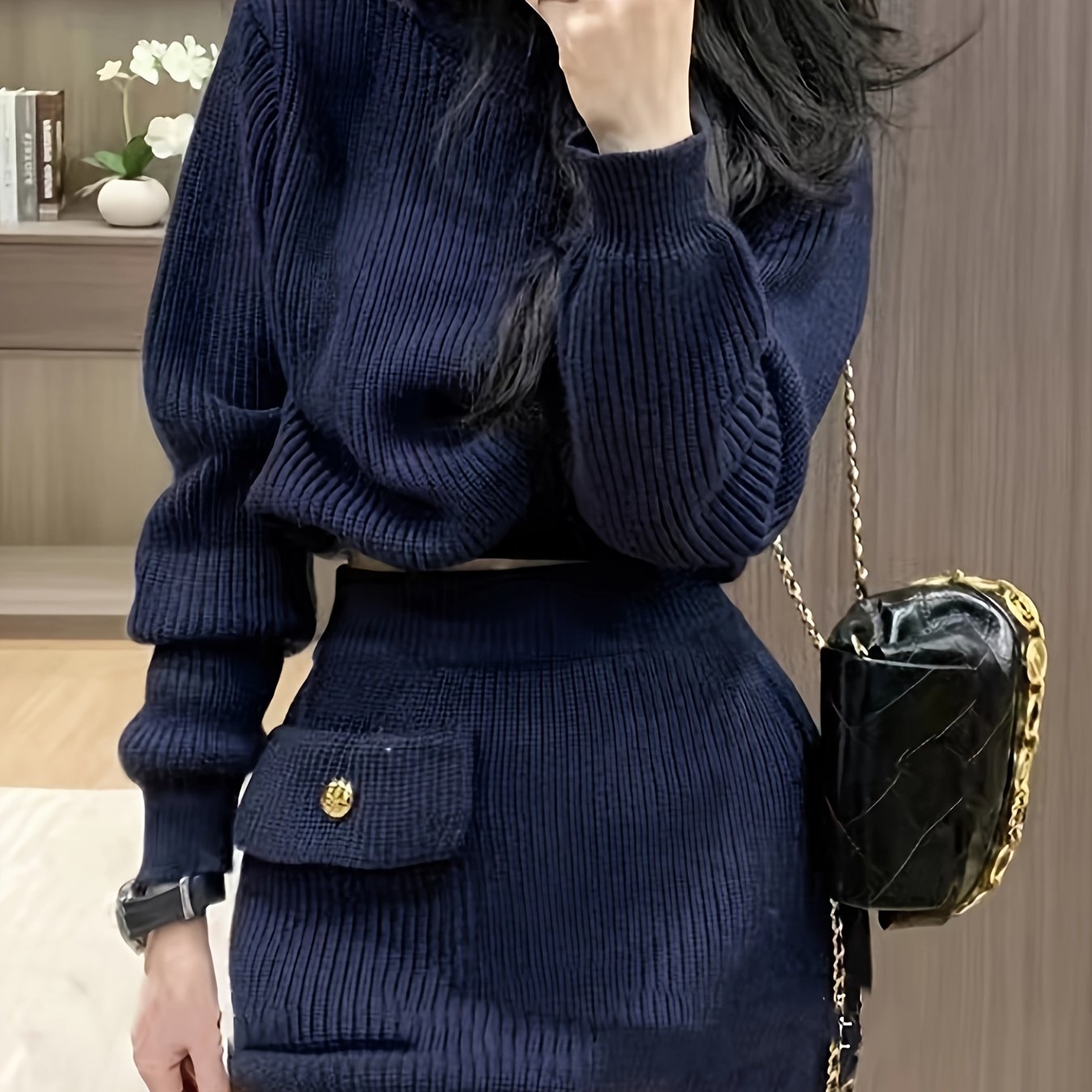 TEMU Elegant Knit Sweater & Skirt Set For Women - Soft Acrylic , High-waist With Pockets, Long Sleeve, Crew Neck - Fall/winter