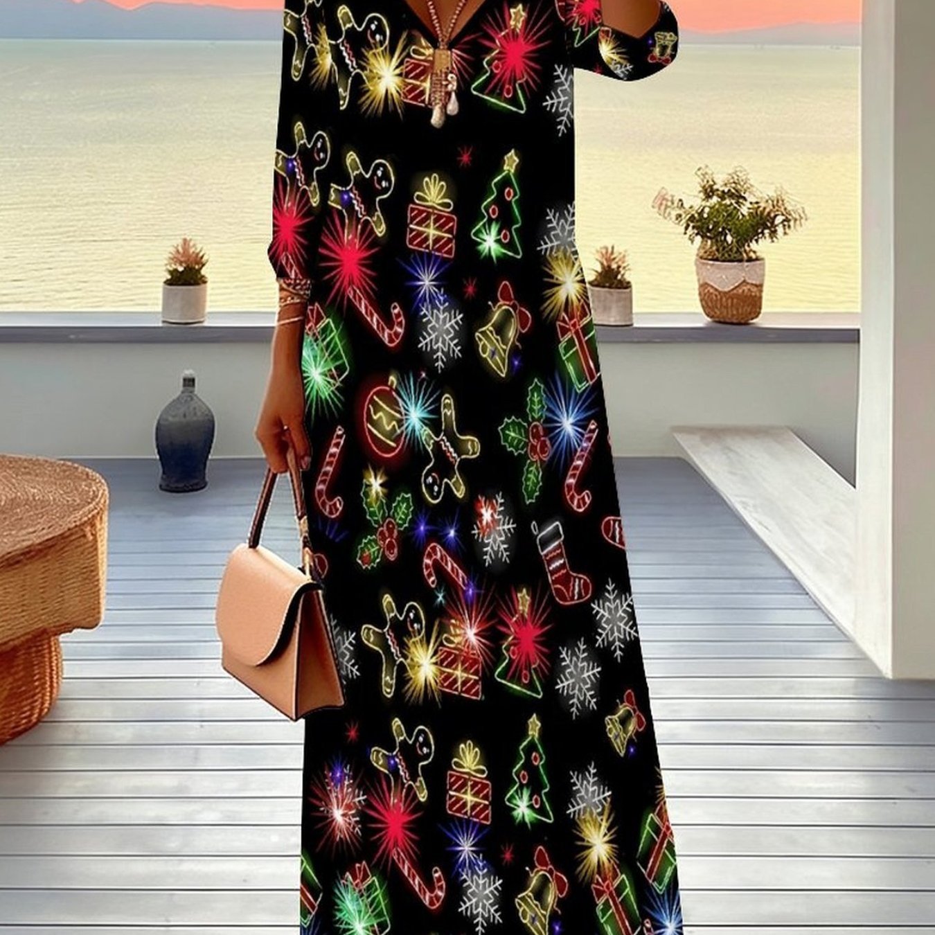 Image of Plus Size, Ladies Plus Size Dress Christmas Holiday Full Print Cute Snowman Santa Claus Sled And Deer Elegant Women's Fashion V-neck Medium Sleeve Long Skirt