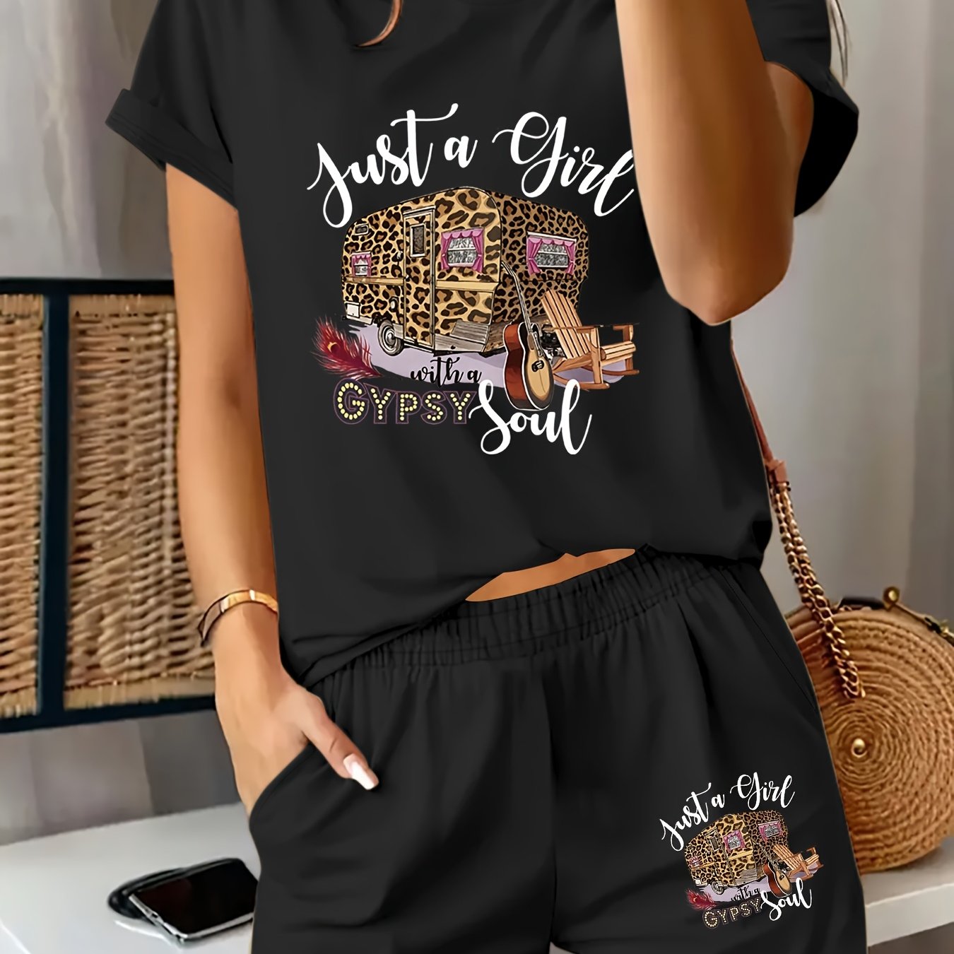 TEMU 2025 Summer New Style, "just A With A " Rv Guitar Print T-shirt Women's Short-sleeved Shorts Set