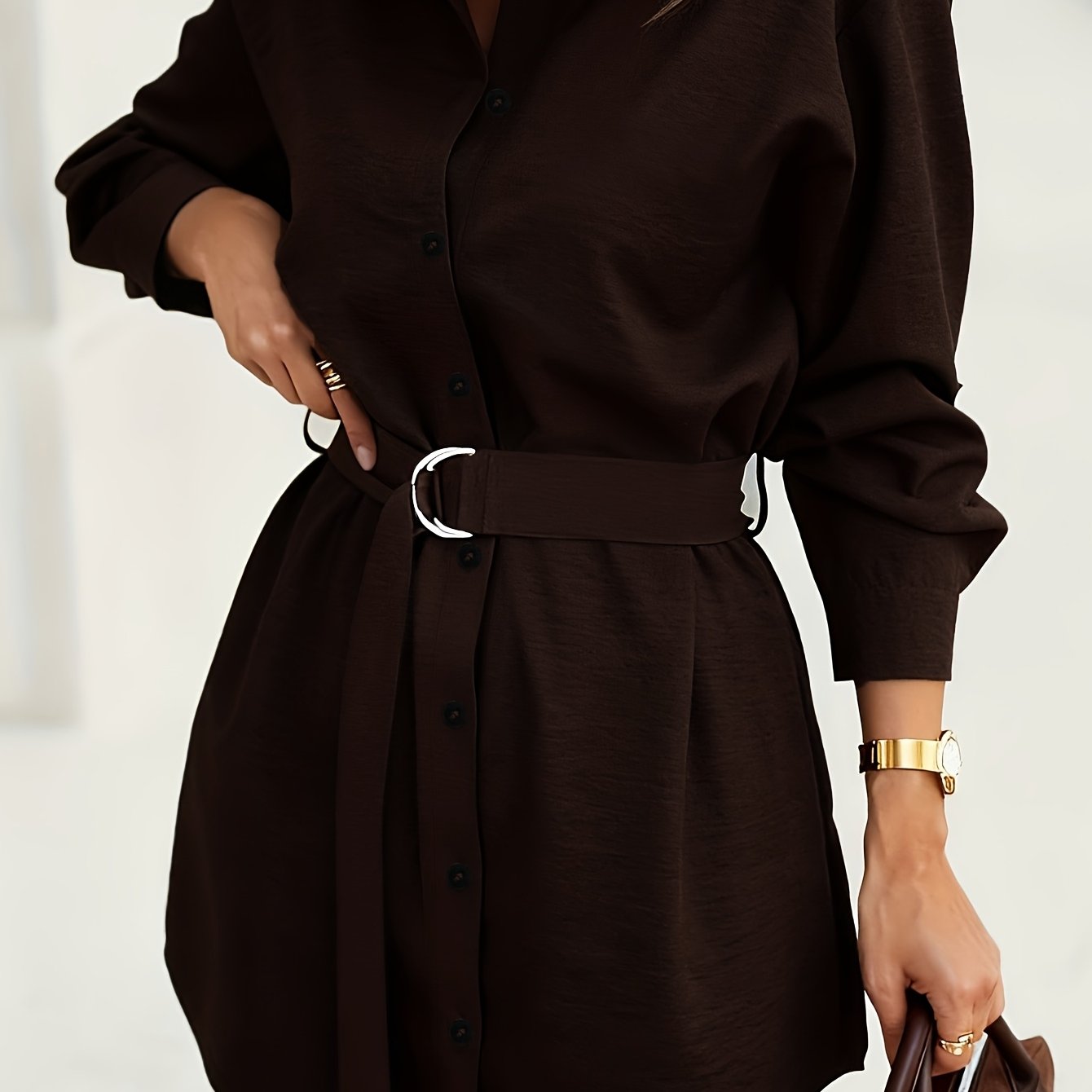 TEMU Women's Fashion Elegant Solid Color Shirt Belt Dress, Perfect For Casual Outdoor Wear