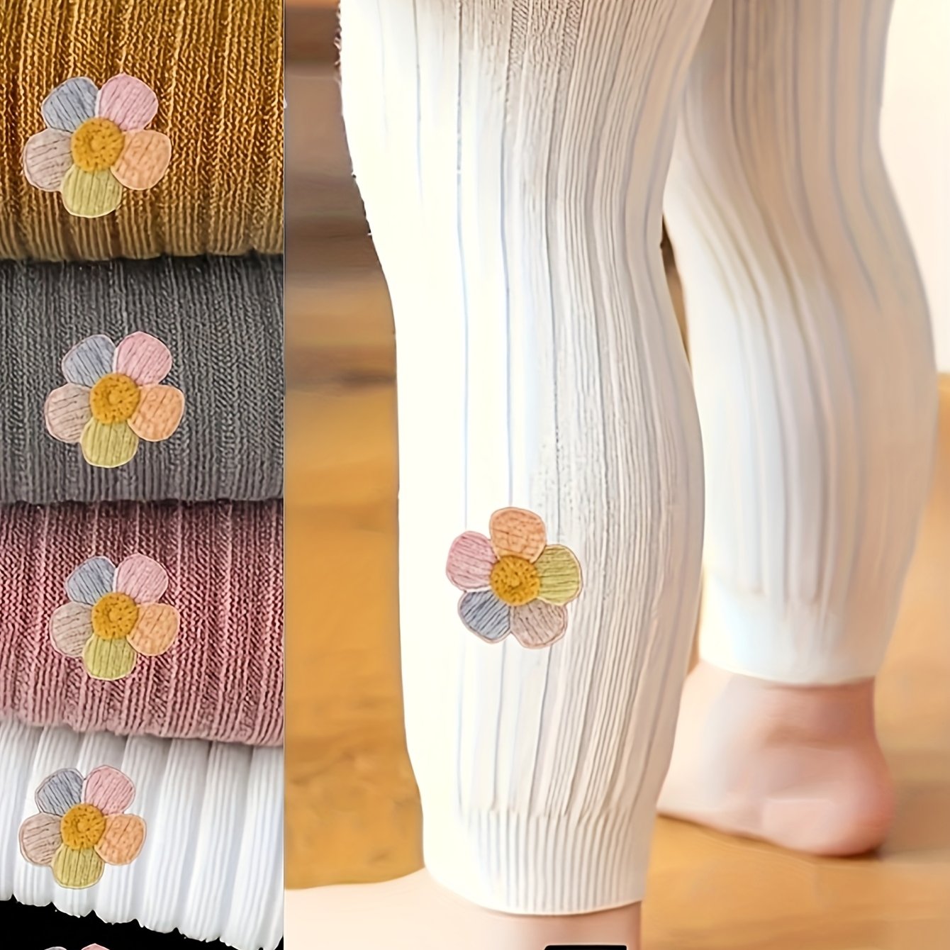 E-shop 5er-Pack Mädchen-Leggings mit vertikalen Streifen bunten Blumenverzierungen, Strick-Strumpfhosen. Bunte Serie, geeignet für den von Mädchen, ein