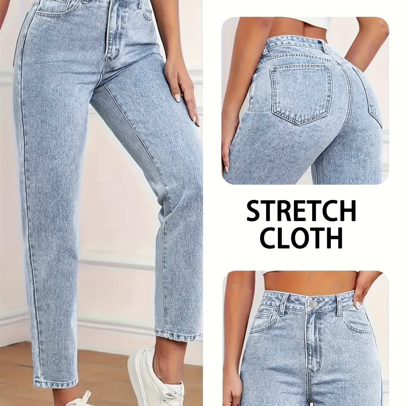 Image of Ladies' Classic Mid-rise Stretchy Cropped Pants, Vintage-style Casual Trousers, Suitable For Spring And Summer , Worn In Workplace And Leisure Settings, Versatile -wash Blue Jeans, Wearable In