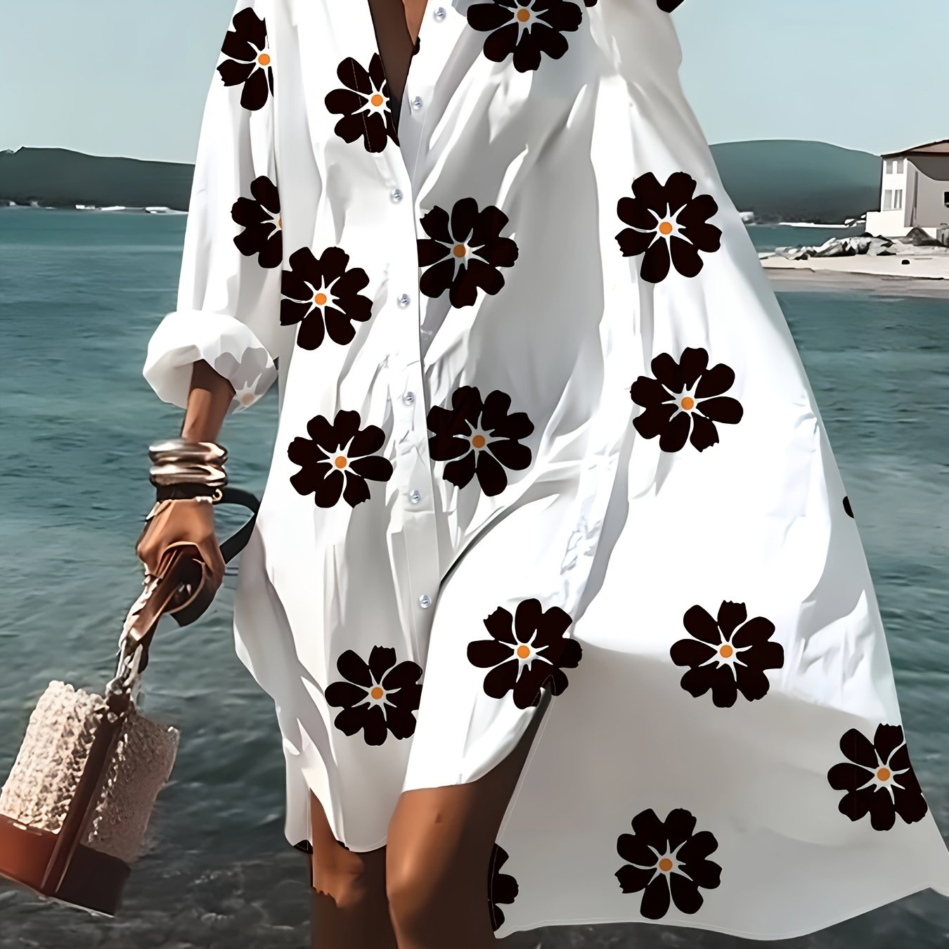 Image of Qc Black Printed Button-style Women's Dress