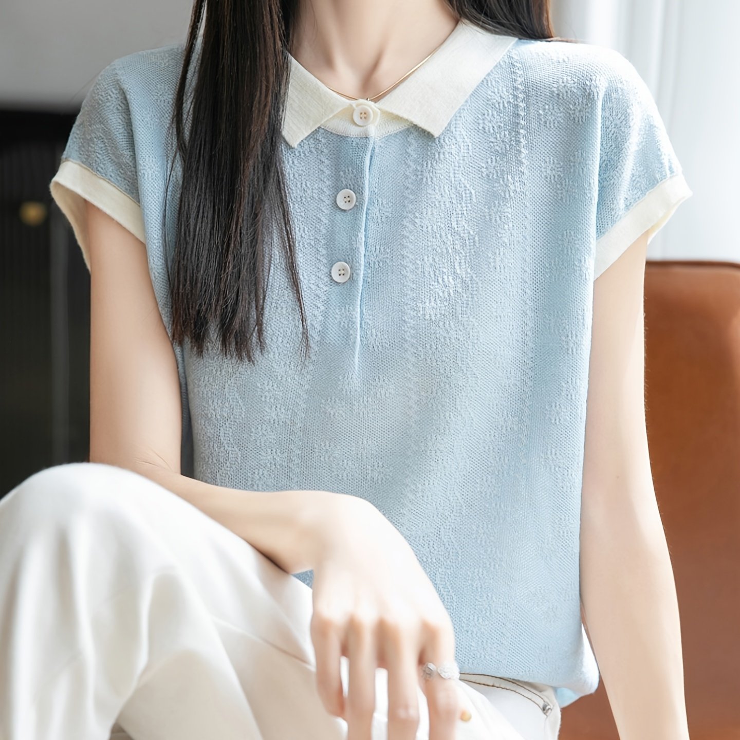 TEMU 소프트 여성용 하프 버튼 폴로넥 여름 신상 통기성 좋은 편안한 반팔 컬러 블록
