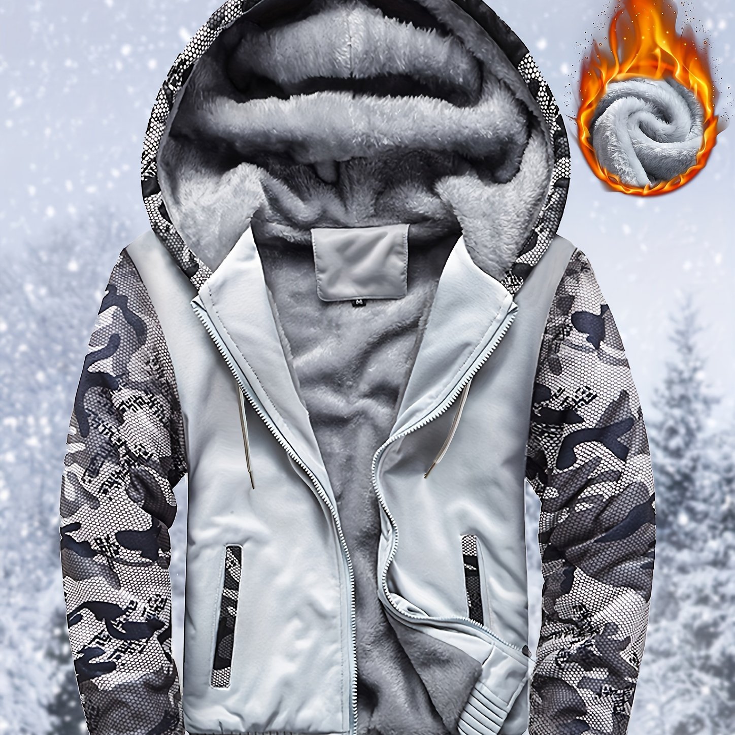 Image of European Size Women's -lined Sweatshirt Thickened Women's Sportswear Camouflage Cardigan Warm Hooded Jacket Top